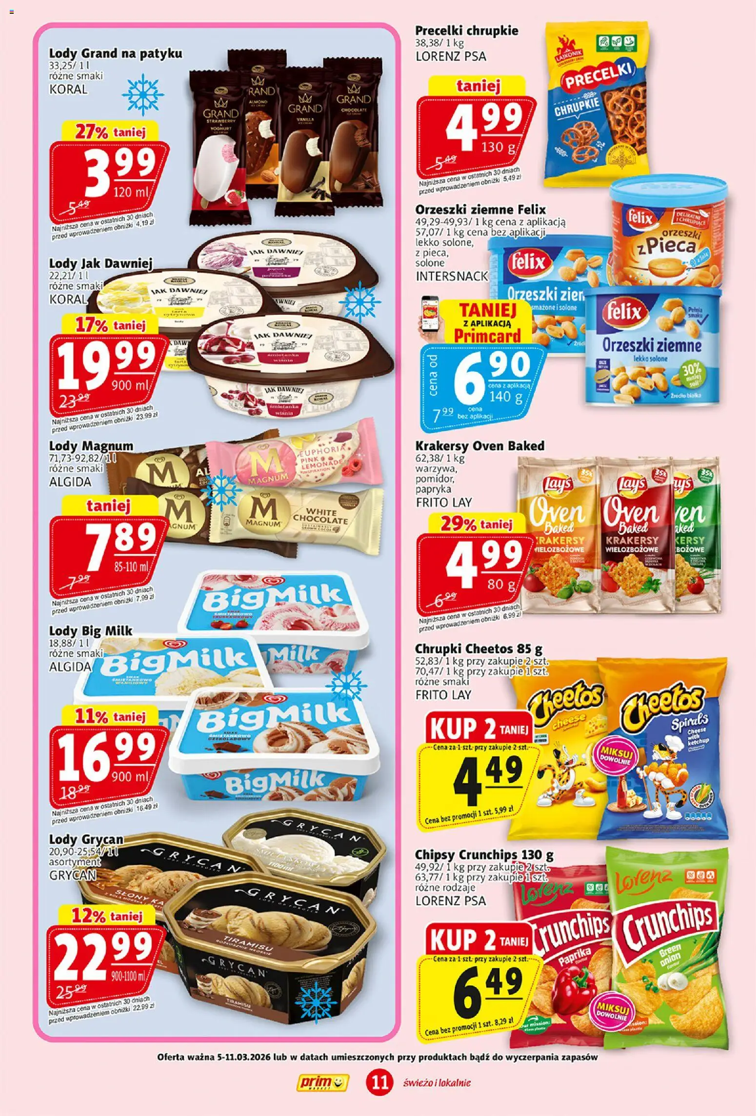 Prim Market gazetka od 05.03.2026 | Strona: 11 | Produkty: Chrupki, Big Milk, Orzeszki ziemne, Lody Magnum