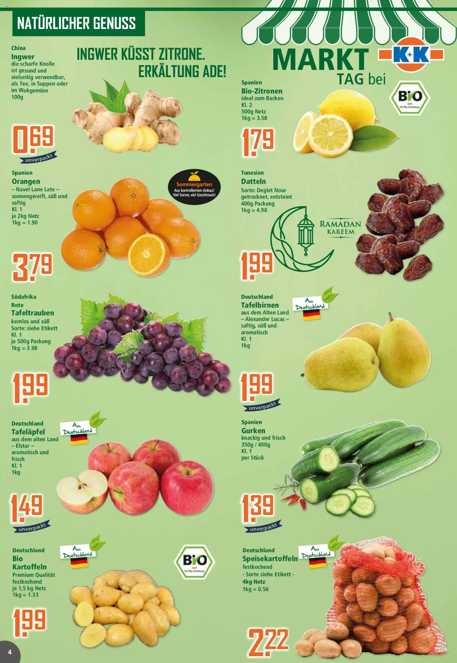 Klaas & Kock Prospekt 	 – gültig ab 23.02.2026 | Seite: 4 | Produkte: Orangen, Kartoffeln, Gurken