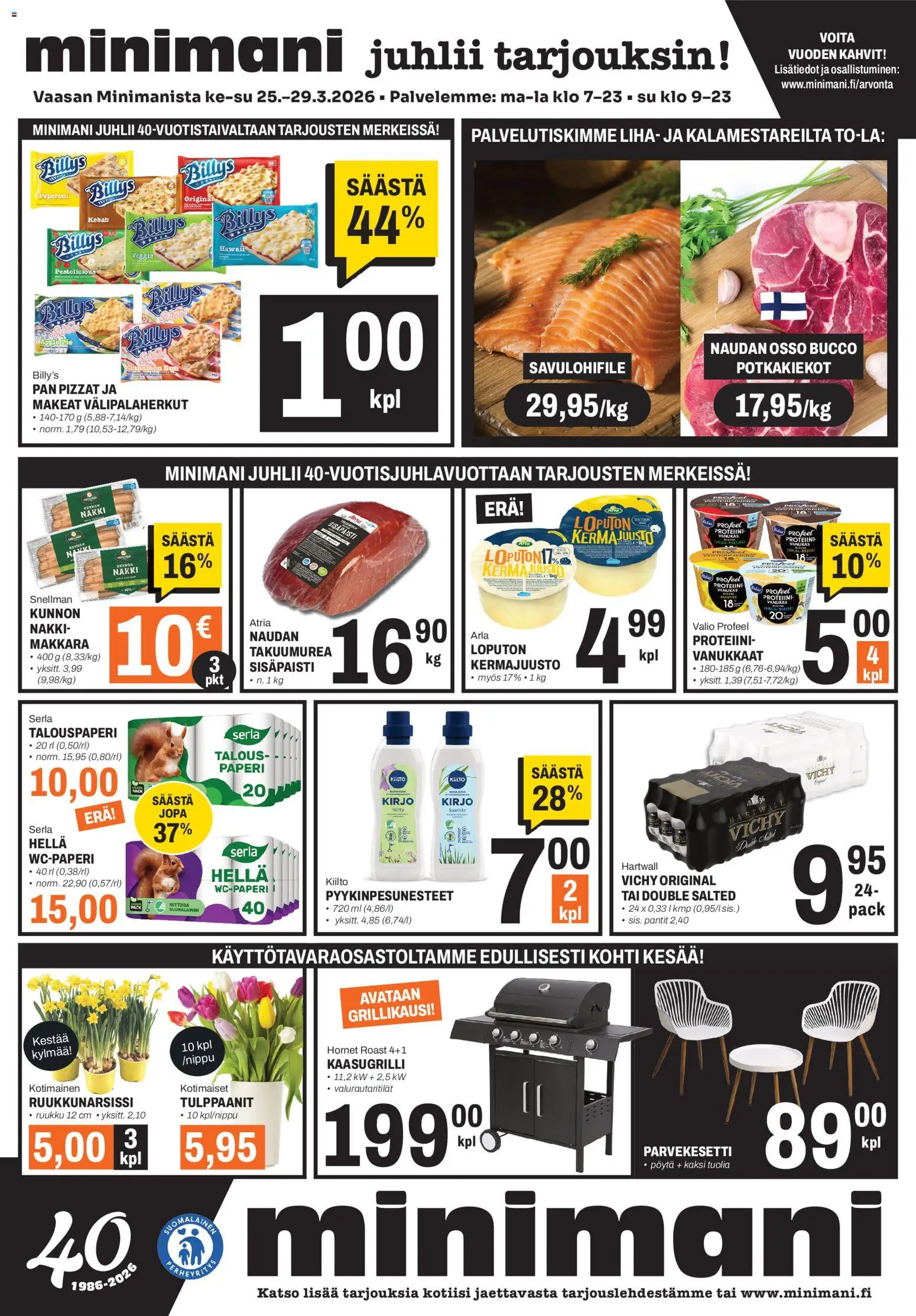 Minimani Tarjoukset - Vaasa – voimassa 25.03.2026 alkaen | Sivu: 1 | Tuotteet: Hella, Pöytä, Kermajuusto, Paperi