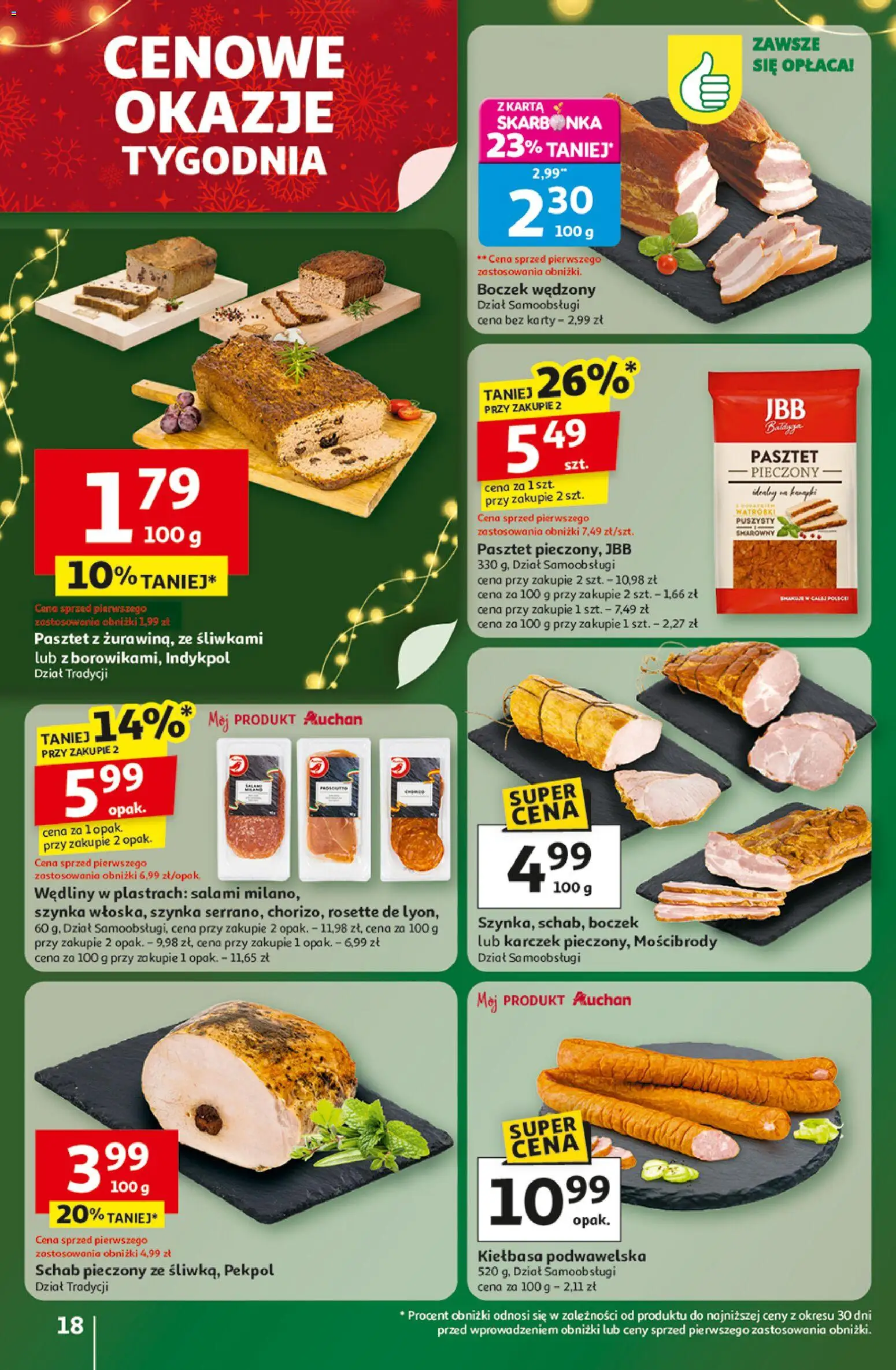 Auchan Gazetka - Święta jak babcię kocham Hipermarket od 11.12.2025 | Strona: 18 | Produkty: Karta, Boczek wędzony, Kiełbasa podwawelska, Salami