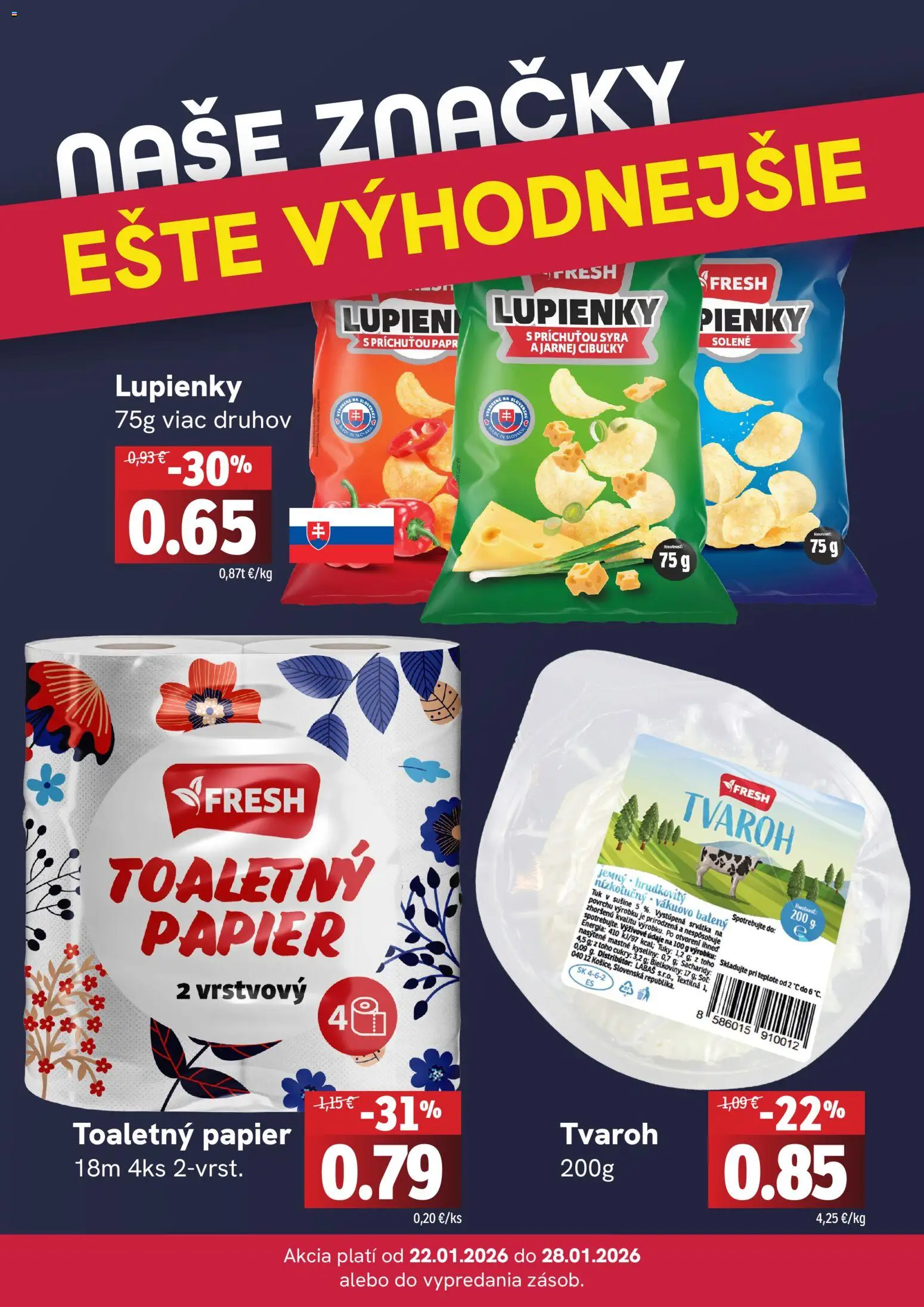 Nové Fresh akcie – leták je platný od 22.01.2026 | Strana: 4 | Produkty: Toaletný papier, Tvaroh, Soľ
