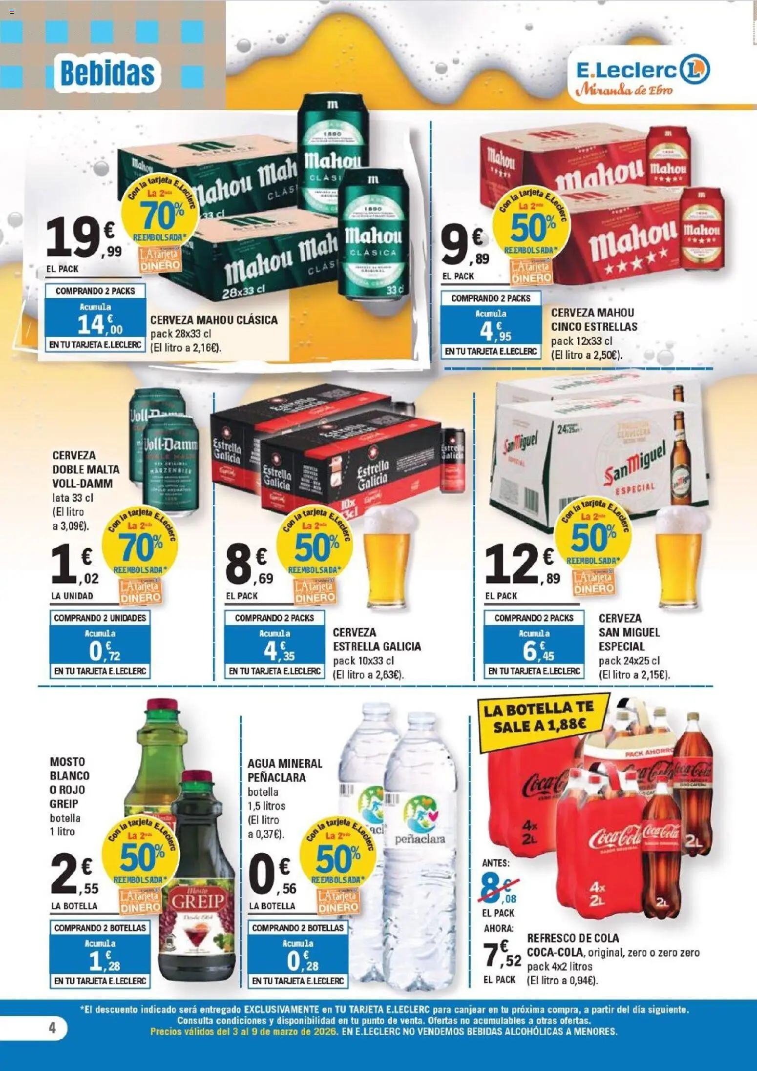 E.Leclerc - Miranda de Ebro │ válido desde el 03.03.2026 | Página: 4 | Productos: Cerveza, Té, Agua mineral