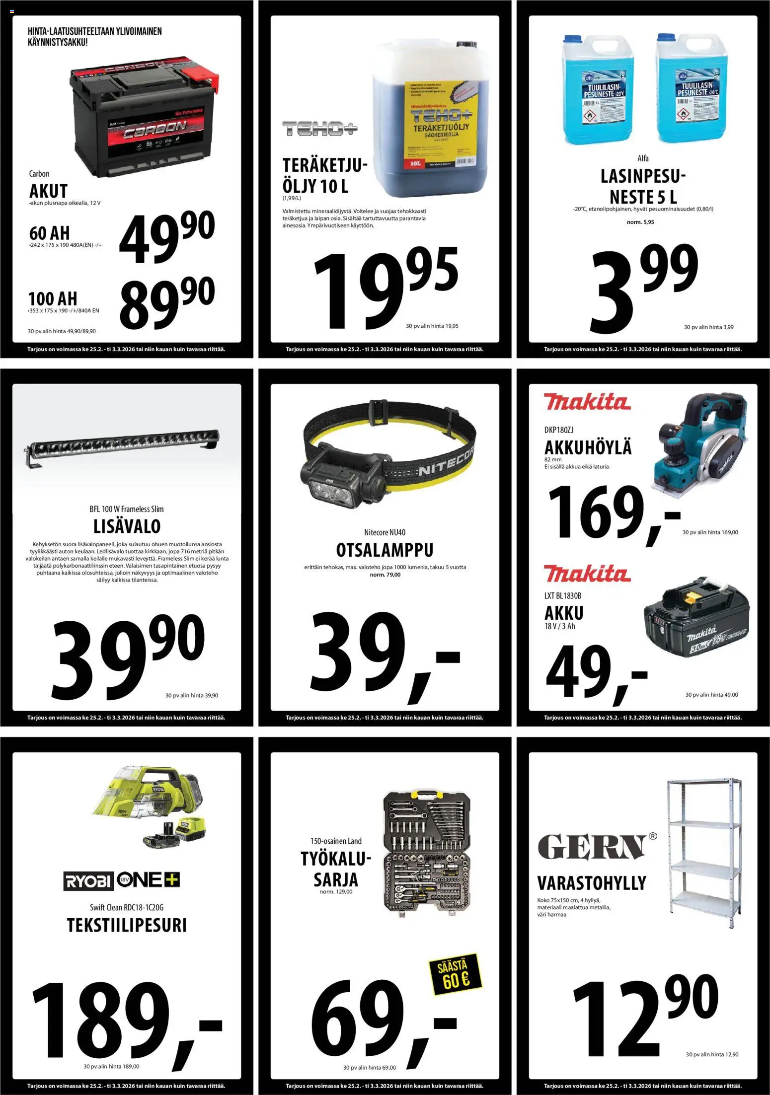 Tuuri tarjoukset – voimassa 25.02.2026 alkaen | Sivu: 24 | Tuotteet: Varastohylly, Akku, Öljy, Pesuneste