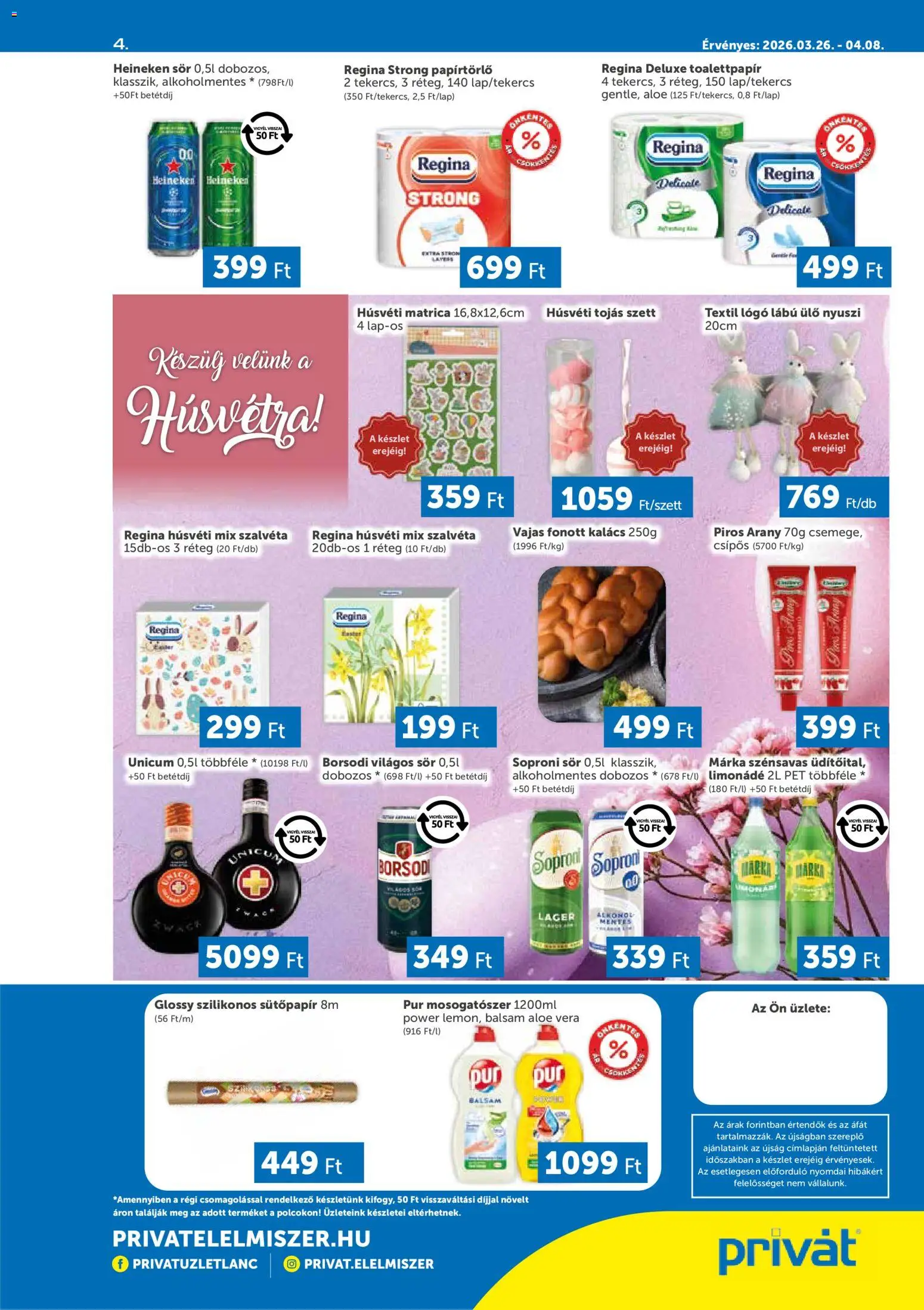 PRIVÁT akciós ujság - amely érvényes a következő dátumtól: 26.03.2026 | Oldal: 4 | Termékek: Kvasac, Heineken, Tojás, Sör