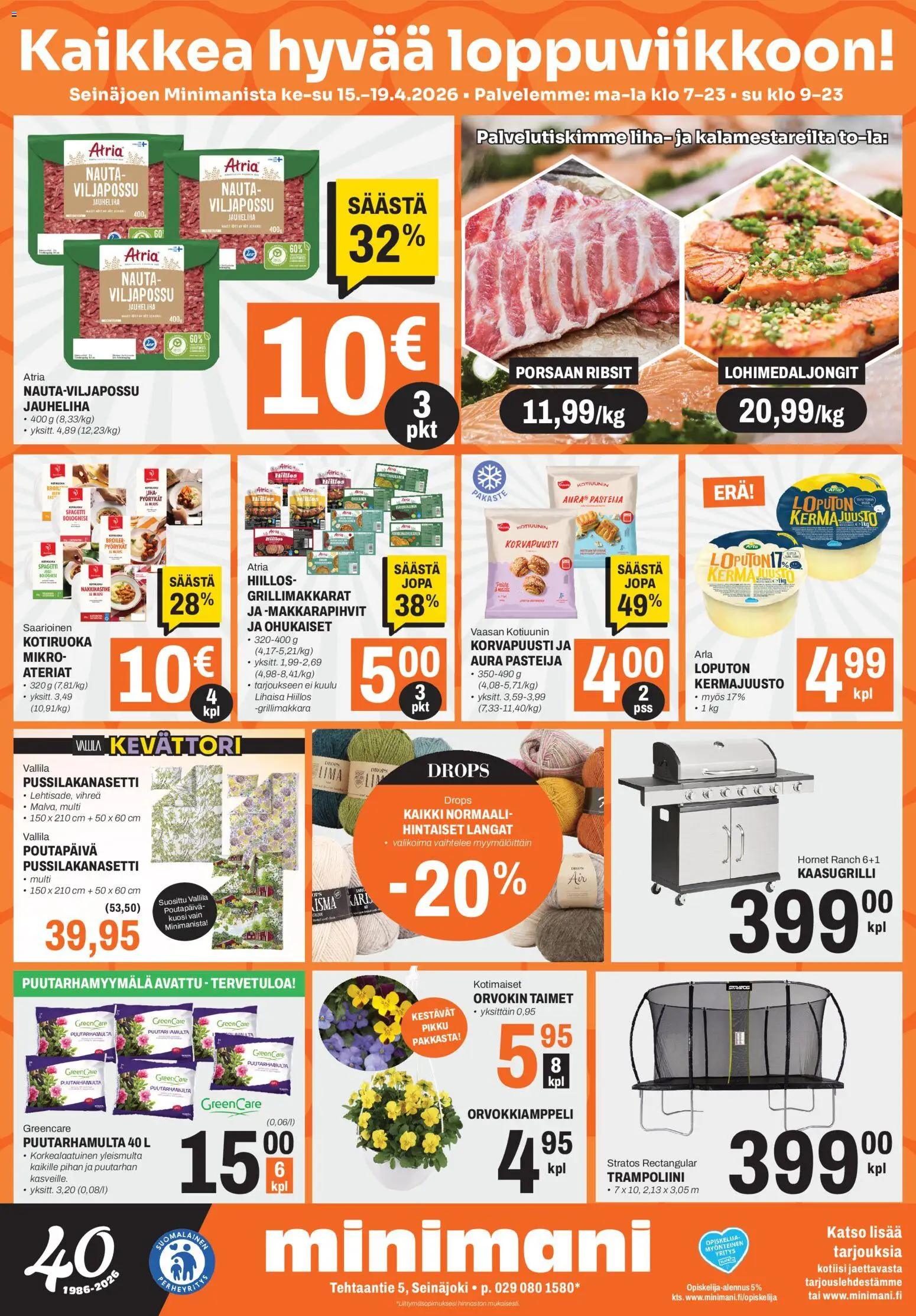 Minimani Tarjoukset - Seinäjoki – voimassa 15.04.2026 alkaen | Sivu: 1 | Tuotteet: Jauheliha, Spagetti, Grillimakkara, Trampoliini