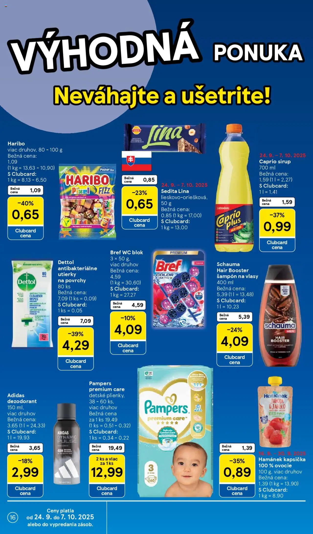 Nové Tesco akcie – leták je platný od 24.09.2025 | Strana: 16 | Produkty: Šampón, Wc blok, Adidas, Pampers