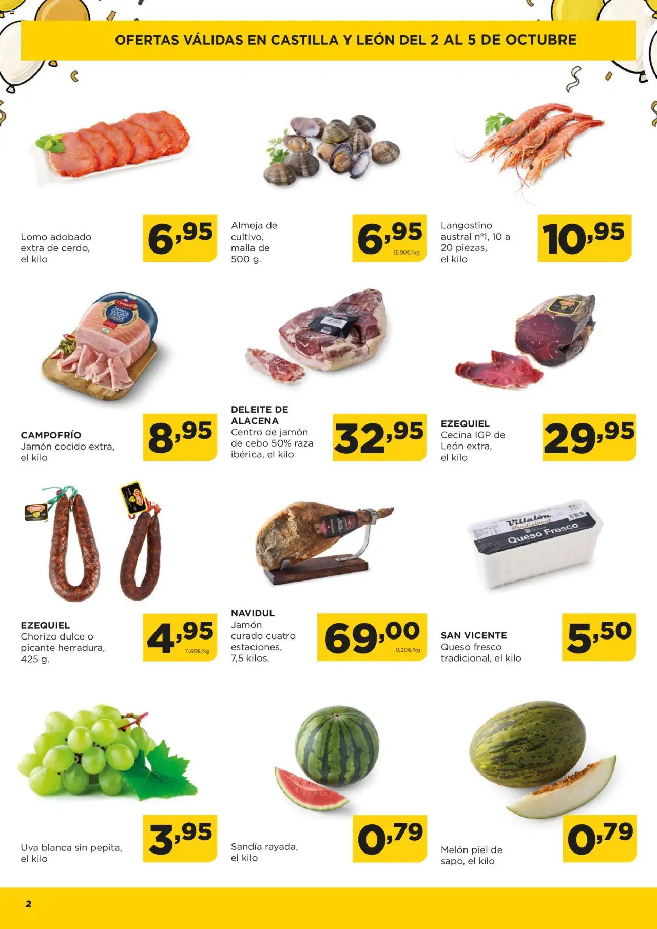 Alimerka folleto Castilla y León │ válido desde el 02.10.2025 | Página: 2 | Productos: Jamón, Jamón cocido, Sandía, Langostino