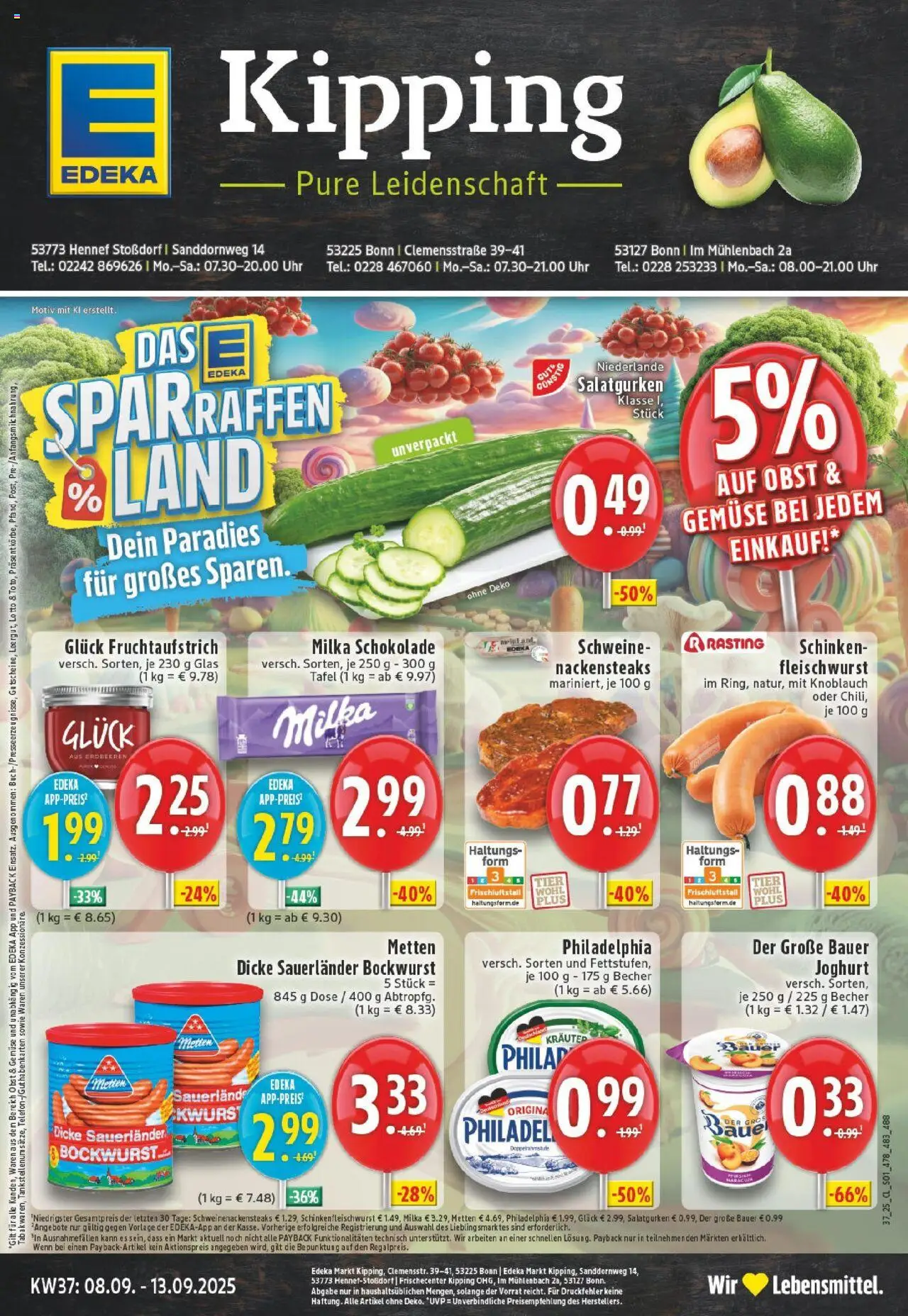 Edeka prospekt Hennef - Stossdorf	 – gültig ab 07.09.2025 | Seite: 1 | Produkte: Bockwurst, Philadelphia, Milka, Gemüse