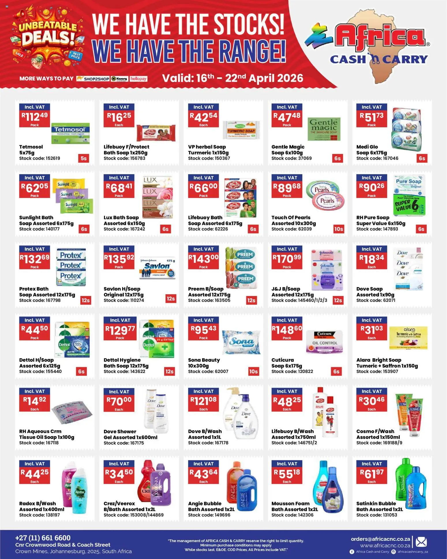 New Africa Cash & Carry catalogue – valid from 16.04.2026 | Page: 7 | Products: Tissue oil, Bath, Oil, Soap