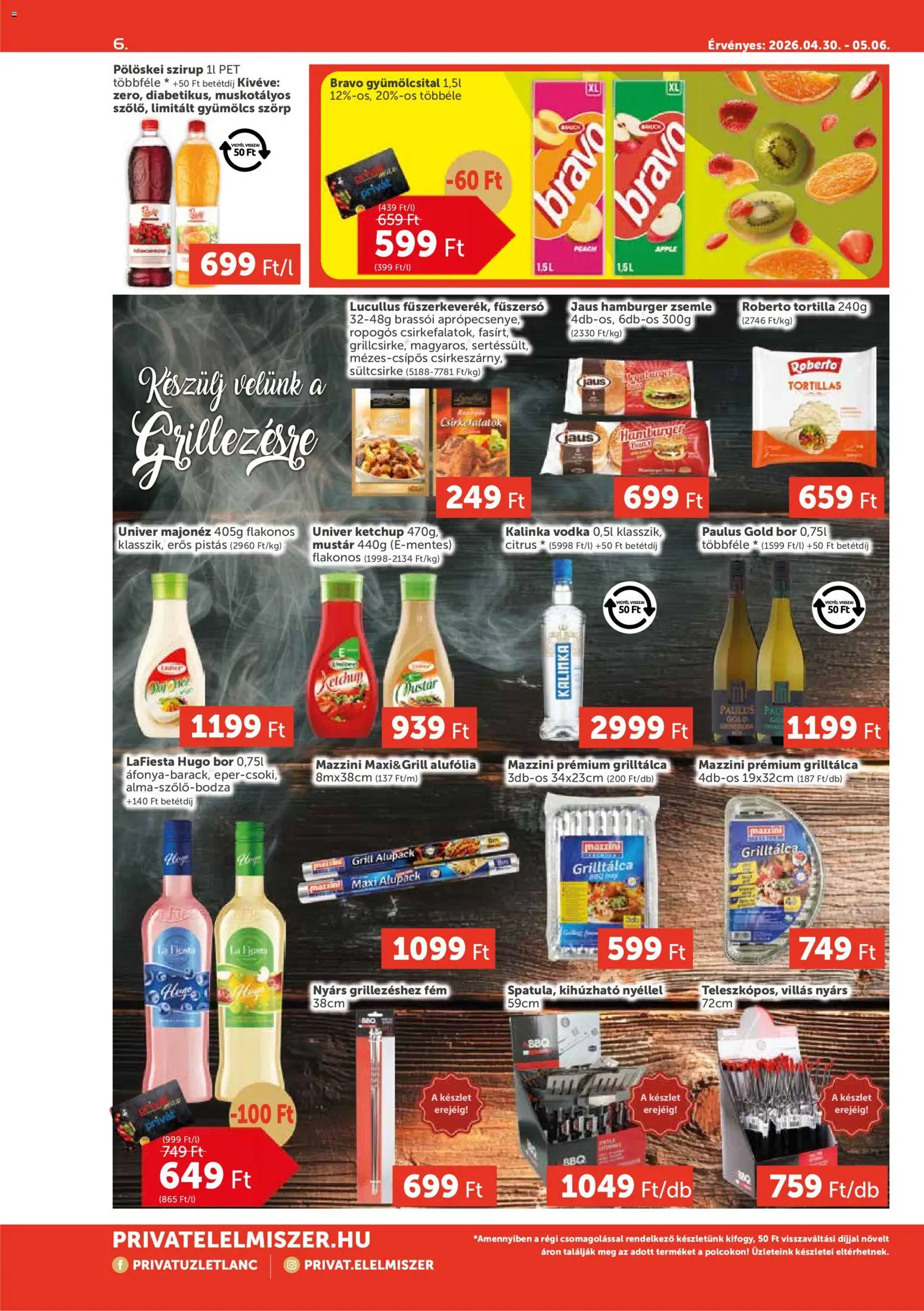 PRIVÁT akciós ujság - amely érvényes a következő dátumtól: 30.04.2026 | Oldal: 6 | Termékek: Hamburger zsemle, Zsemle, Bor, Só