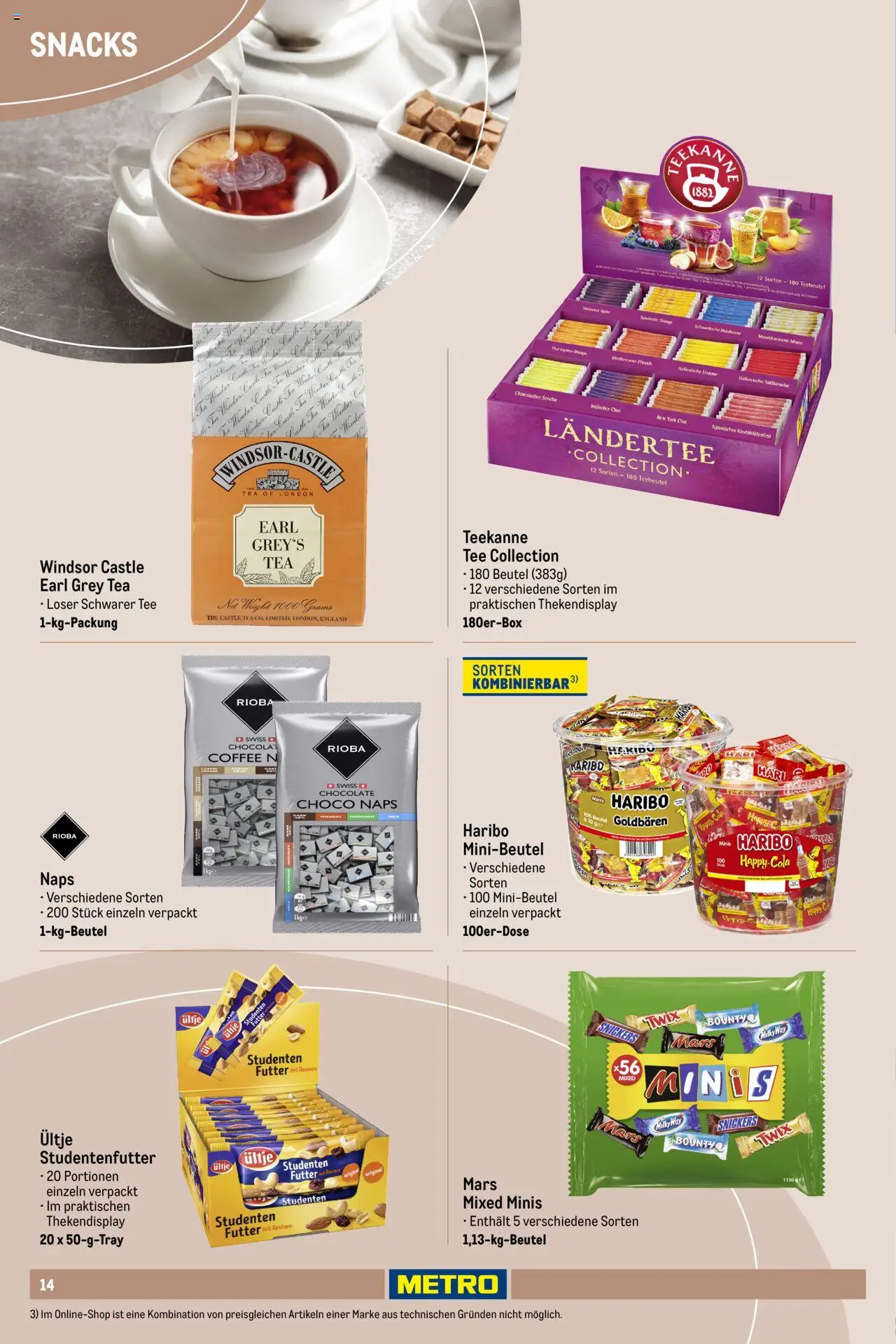 Metro  Office Sortiment – gültig ab 01.10.2025 | Seite: 14 | Produkte: Snickers, Rosinen, Teekanne, Tee