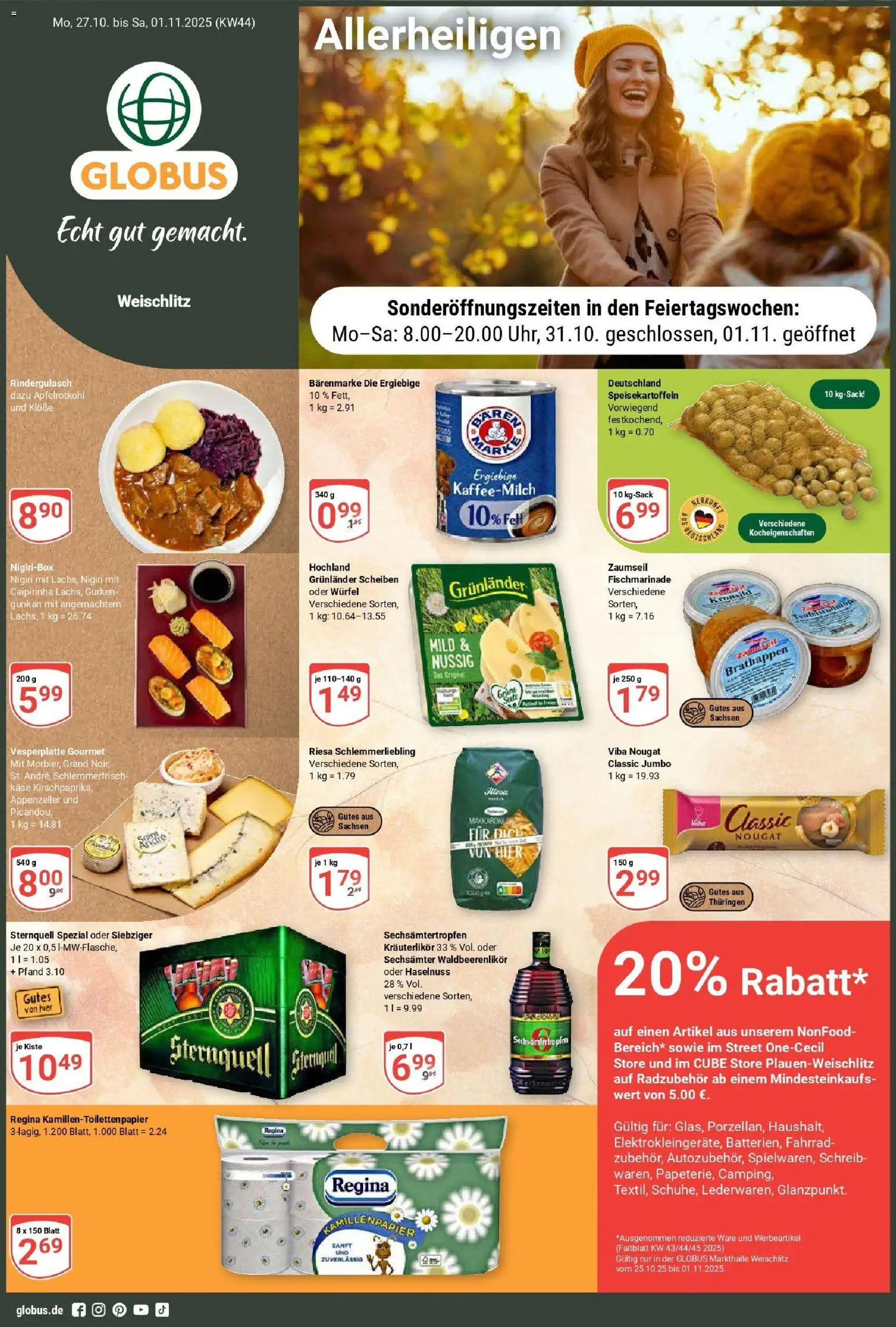 Globus prospekt Weischlitz	 – gültig ab 26.10.2025 | Seite: 1 | Produkte: Rindergulasch, Käse, Grunlander, Gurken