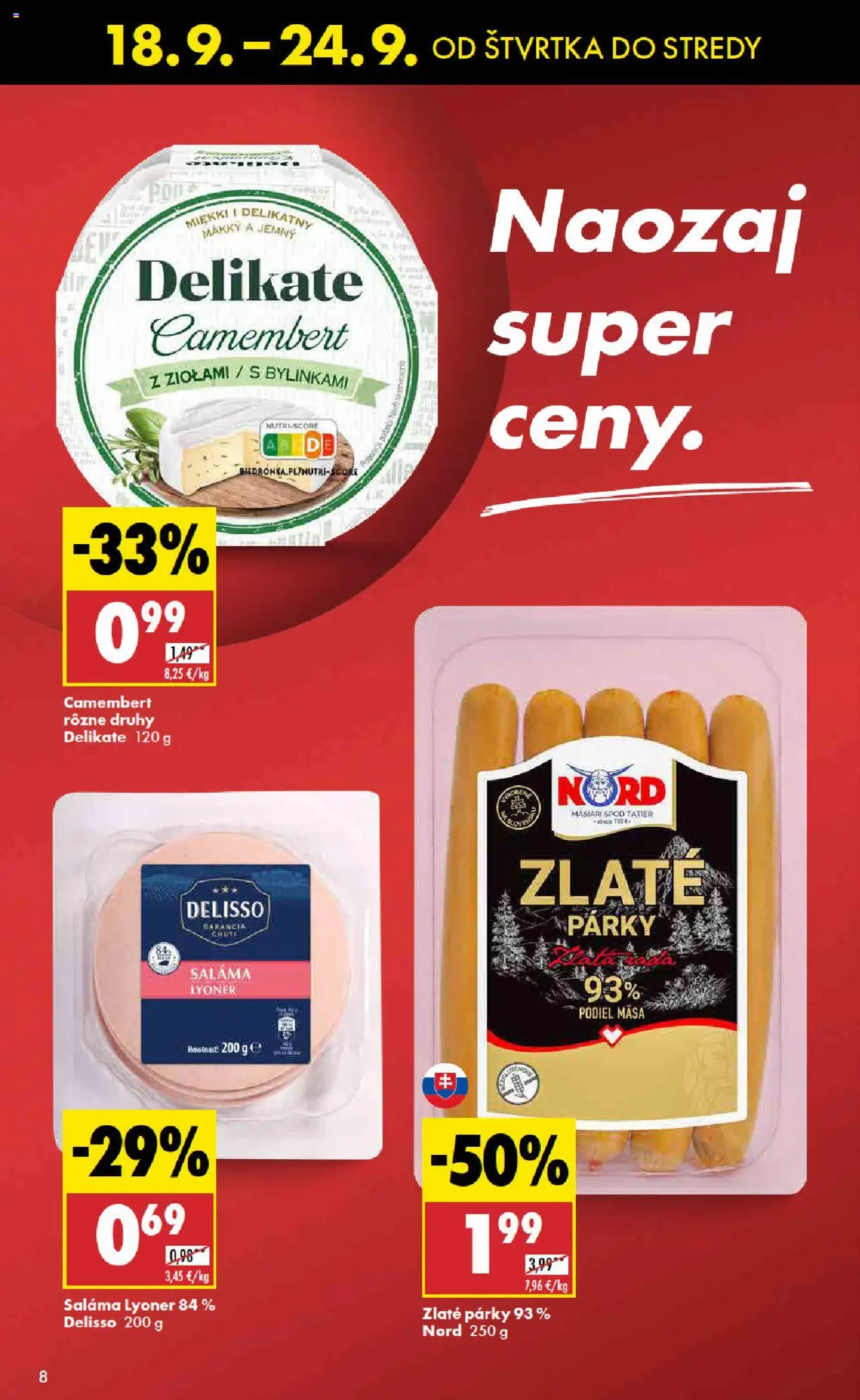 Nové Biedronka akcie – leták je platný od 18.09.2025 | Strana: 8 | Produkty: Saláma, Párky