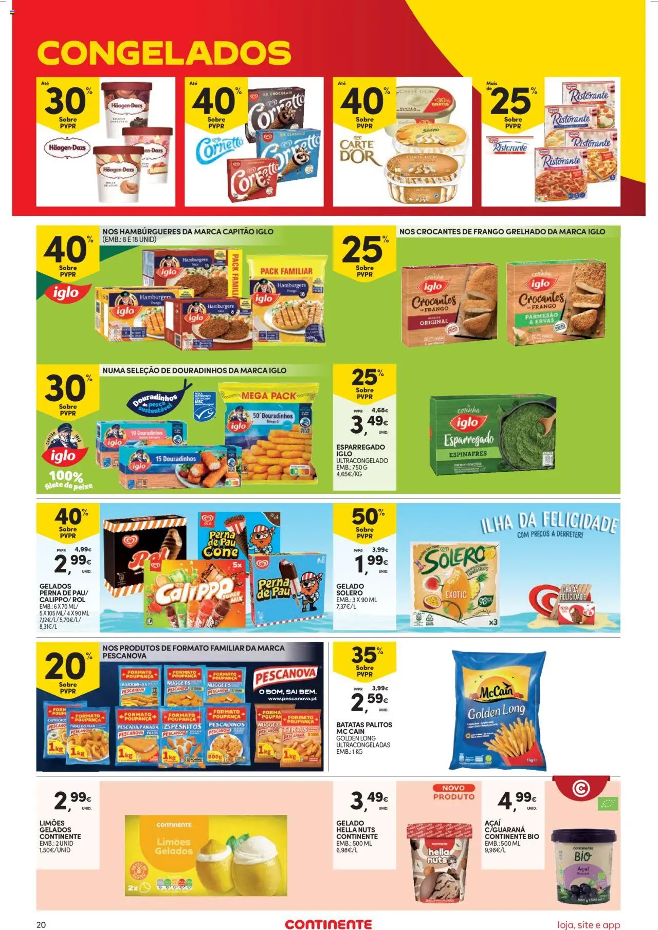 Continente Semanal Continente Bom Dia │ válido de 05.08.2025 | Página: 20 | Produtos: Pescada, Capitão iglo, Chocolate, Nuggets