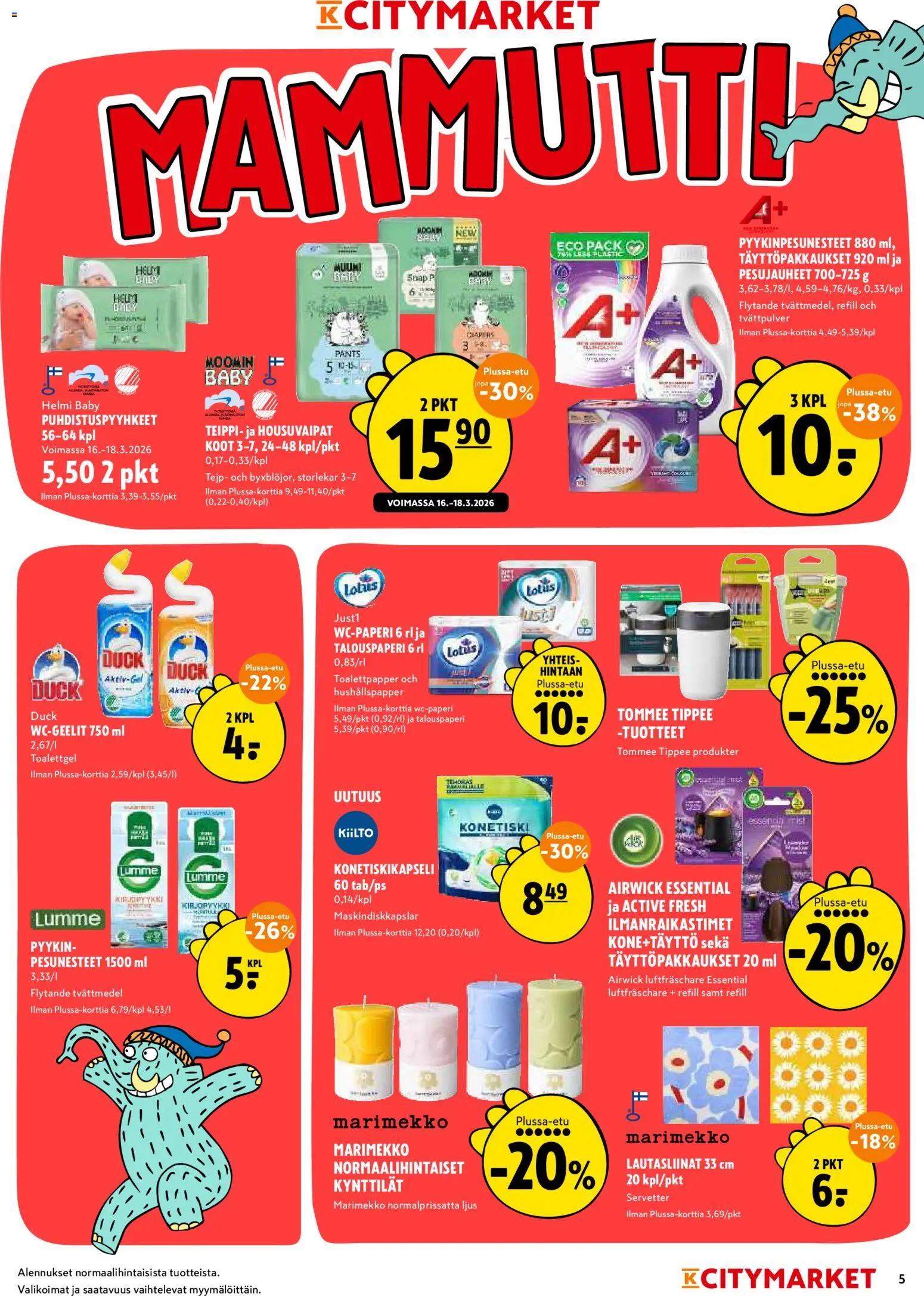 K-Citymarket tarjoukset – voimassa 16.03.2026 alkaen | Sivu: 5 | Tuotteet: Teippi, Kynttilät, Puhdistuspyyhkeet, Lautasliinat