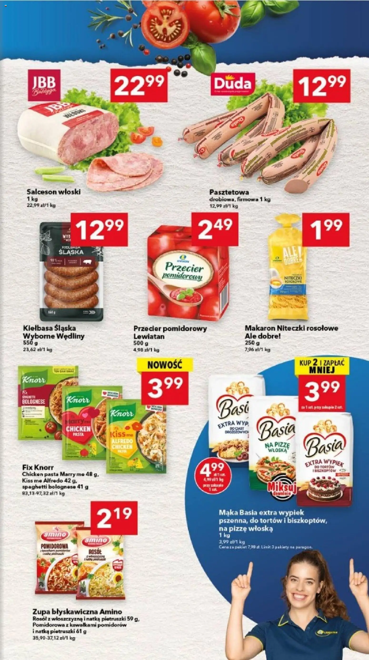 Lewiatan gazetka - Legnica od 12.02.2026 | Strona: 3 | Produkty: Kiełbasa, Przecier pomidorowy, Mąka basia, Makaron