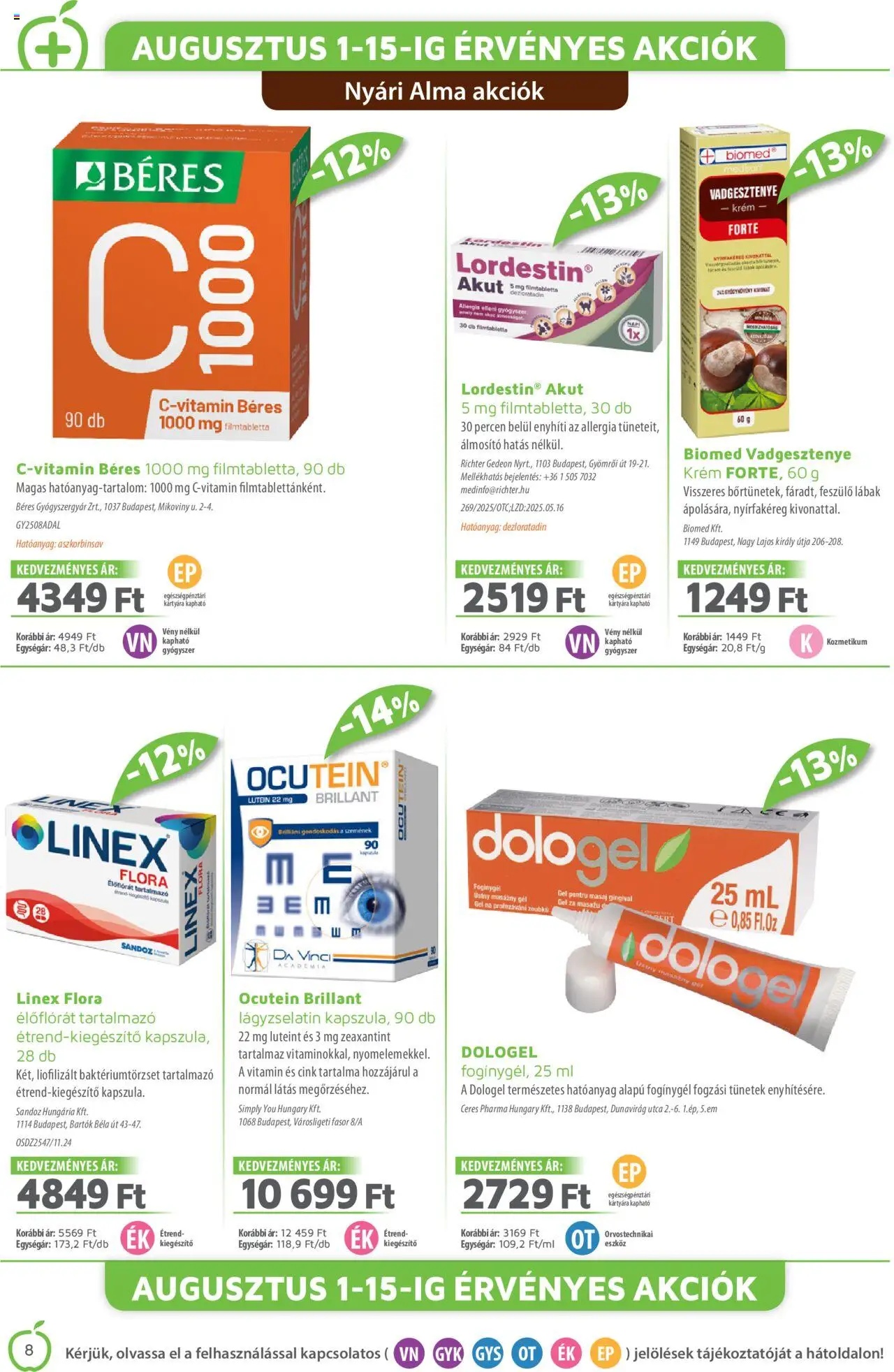 Alma Gyógyszertárak akciós ujság - amely érvényes a következő dátumtól: 01.08.2025 | Oldal: 8 | Termékek: Alma