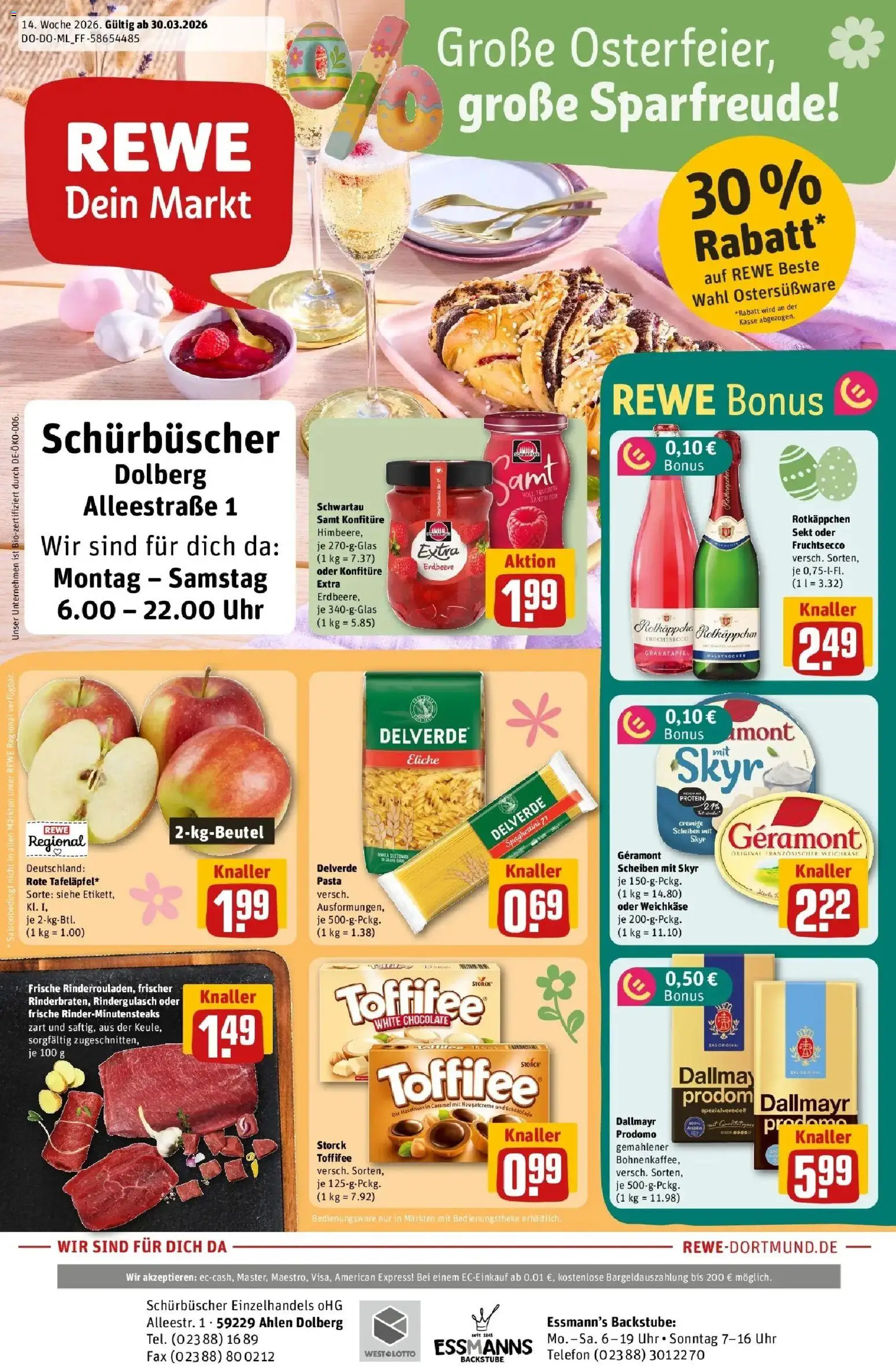 Rewe Prospekt Ahlen	 – gültig ab 30.03.2026 | Seite: 1 | Produkte: Schwartau samt, Dallmayr, Dallmayr prodomo, Telefon