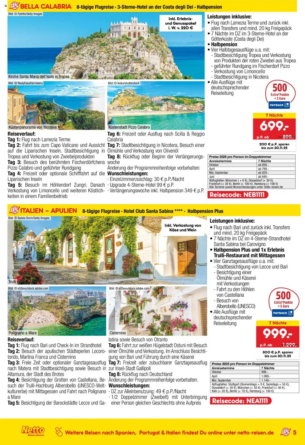 Netto Reisen Reise-Sonderangebote – gültig ab 09.10.2025 | Seite: 5 | Produkte: Käse, Olivenol, Limoncello, Wein