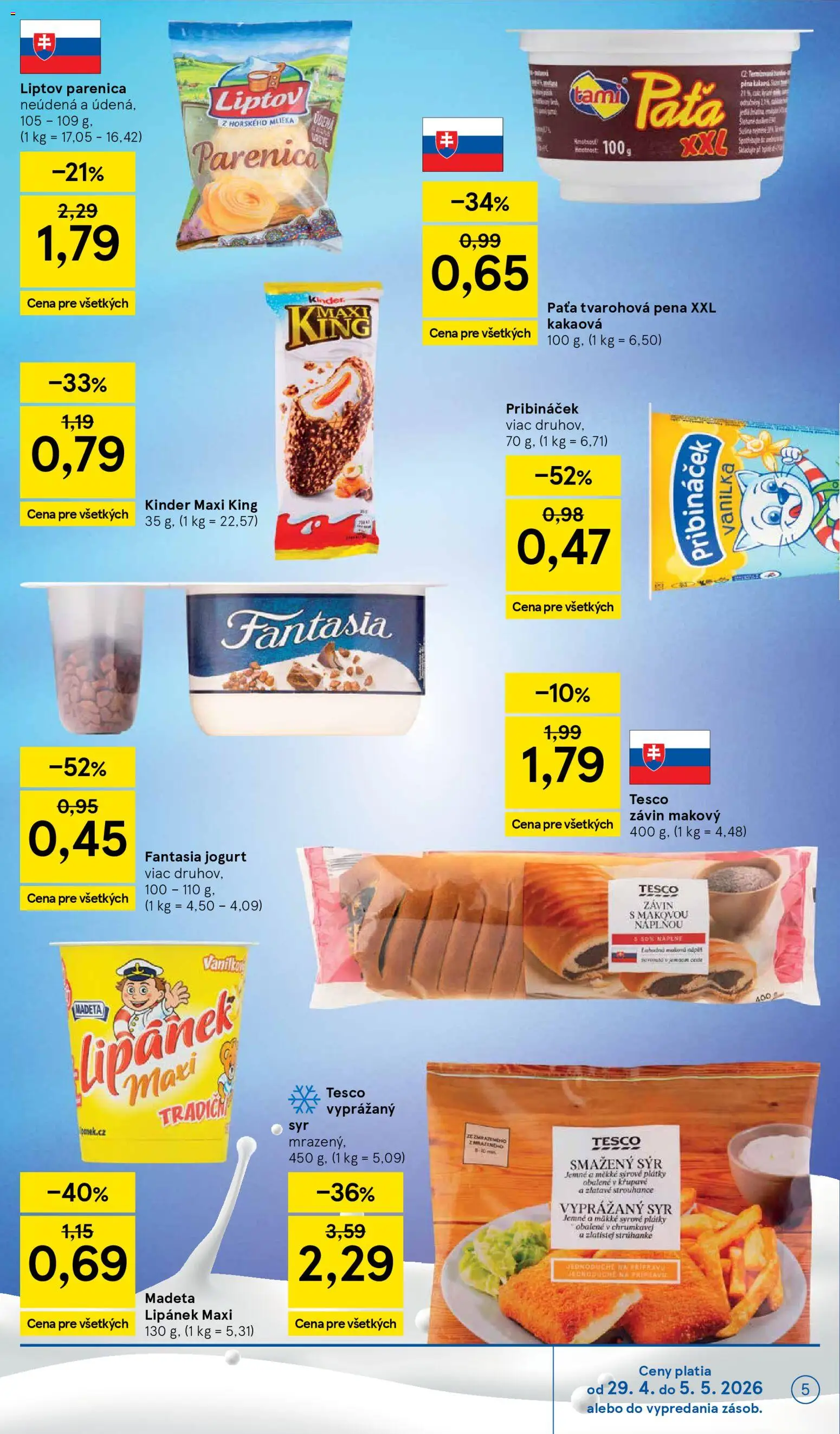 Nové Tesco akcie – leták je platný od 29.04.2026 | Strana: 5 | Produkty: Syr, Jogurt, Závin, Kinder