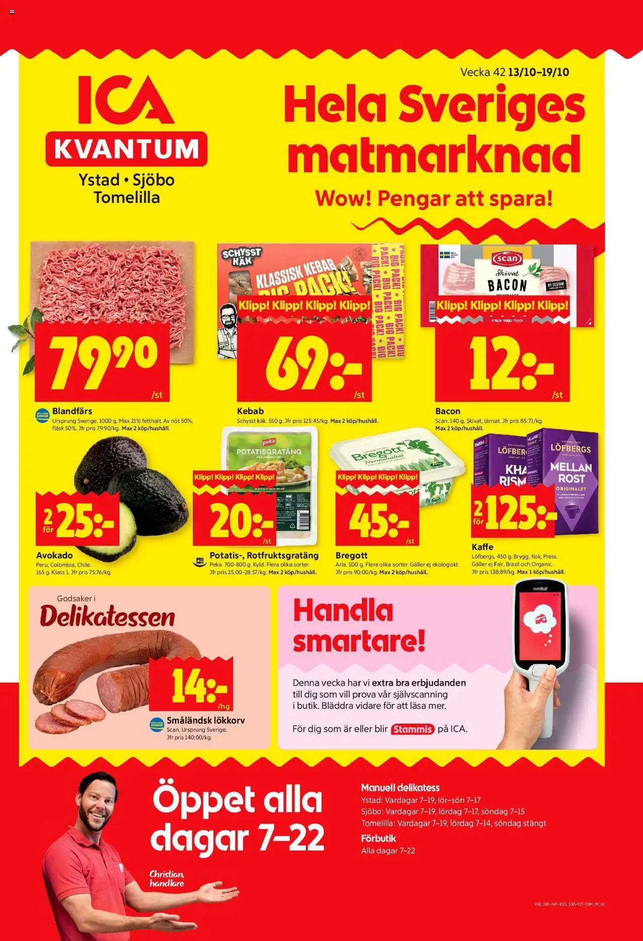 ICA Kvantum reklamblad aktuell från 13.10.2025 | Sida: 1 | Produkter: Bregott, Potatisgratäng, Blandfärs, Fläsk