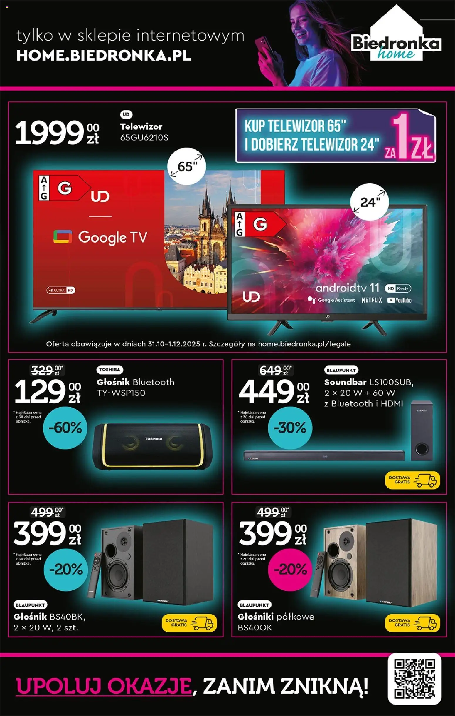 Biedronka Black Friday od 08.11.2025 | Strona: 5 | Produkty: Telewizor, Głośnik, Głośnik bluetooth, Soundbar