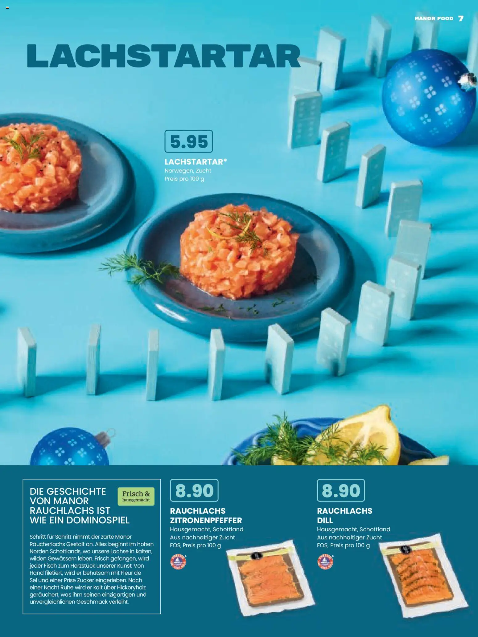 Manor Aktionen Frohes Fest für Grosse Kinder – gültig ab 09.12.2025 | Seite: 7 | Produkte: Räucherlachs, Fisch, Dill, Zucker