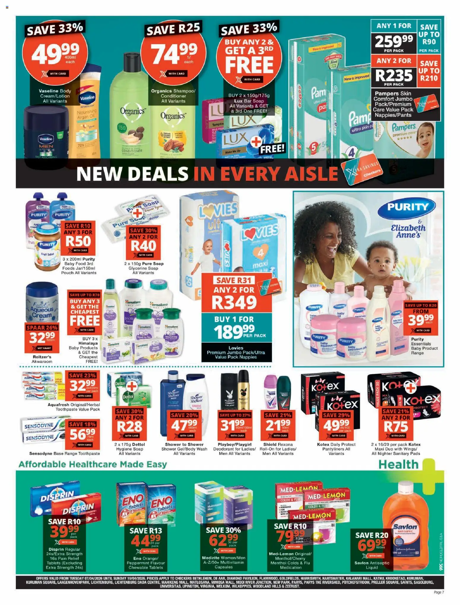 New Checkers catalogue – valid from 07.04.2026 | Page: 7 | Products: Shower, Pads, Deodorant, Nappies