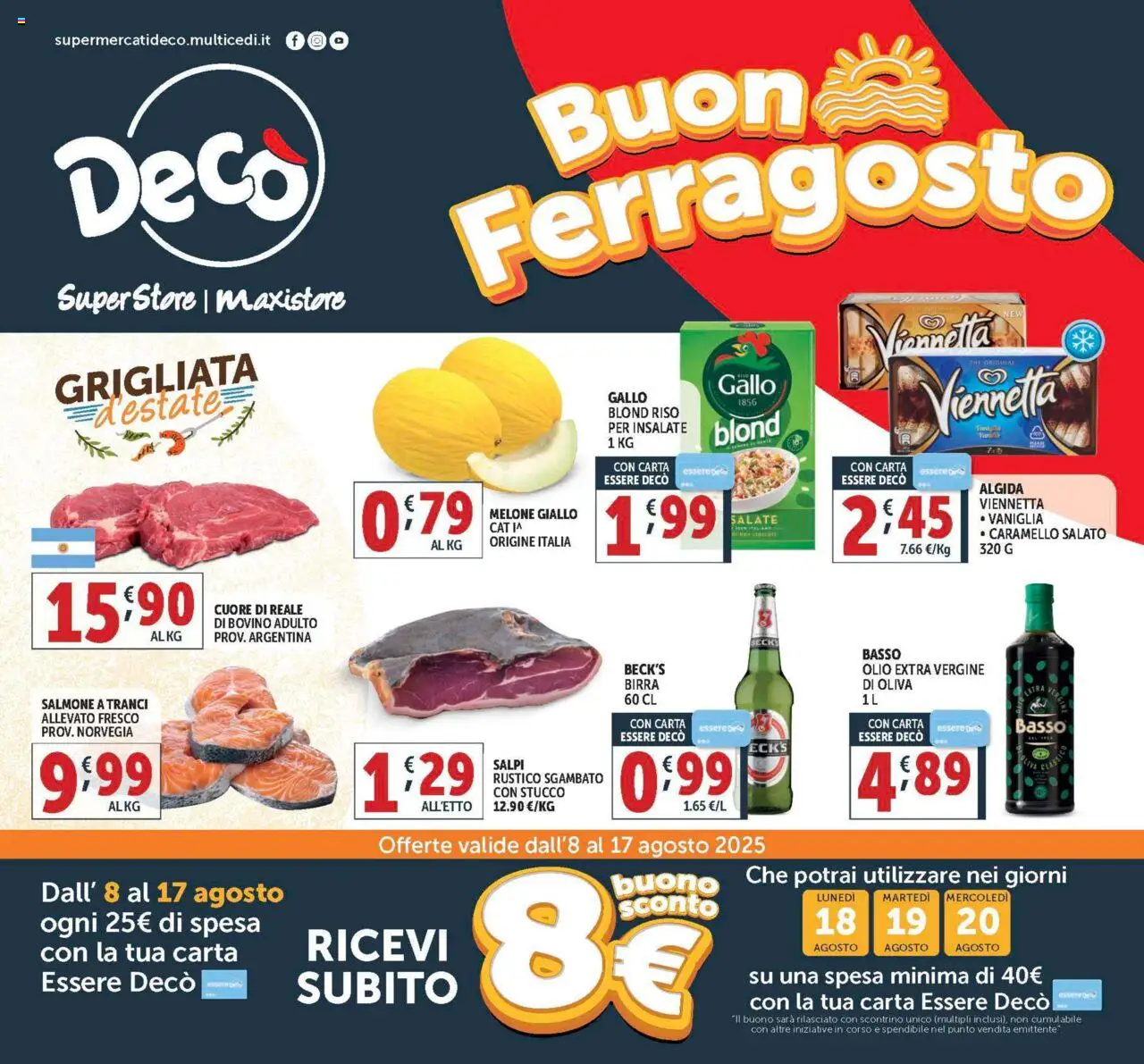 Volantino Decò del 08.08.2025 | Pagina: 1 | Prodotti: Bovino, Salmone, Olio, Melone