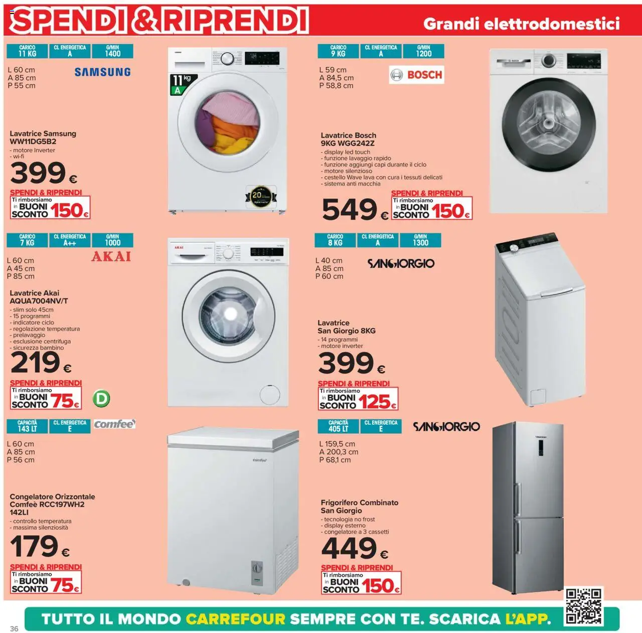Volantino Carrefour del 05.05.2025 | Pagina: 36 | Prodotti: Centrifuga, Lavatrice, Frigorifero, Frigorifero combinato