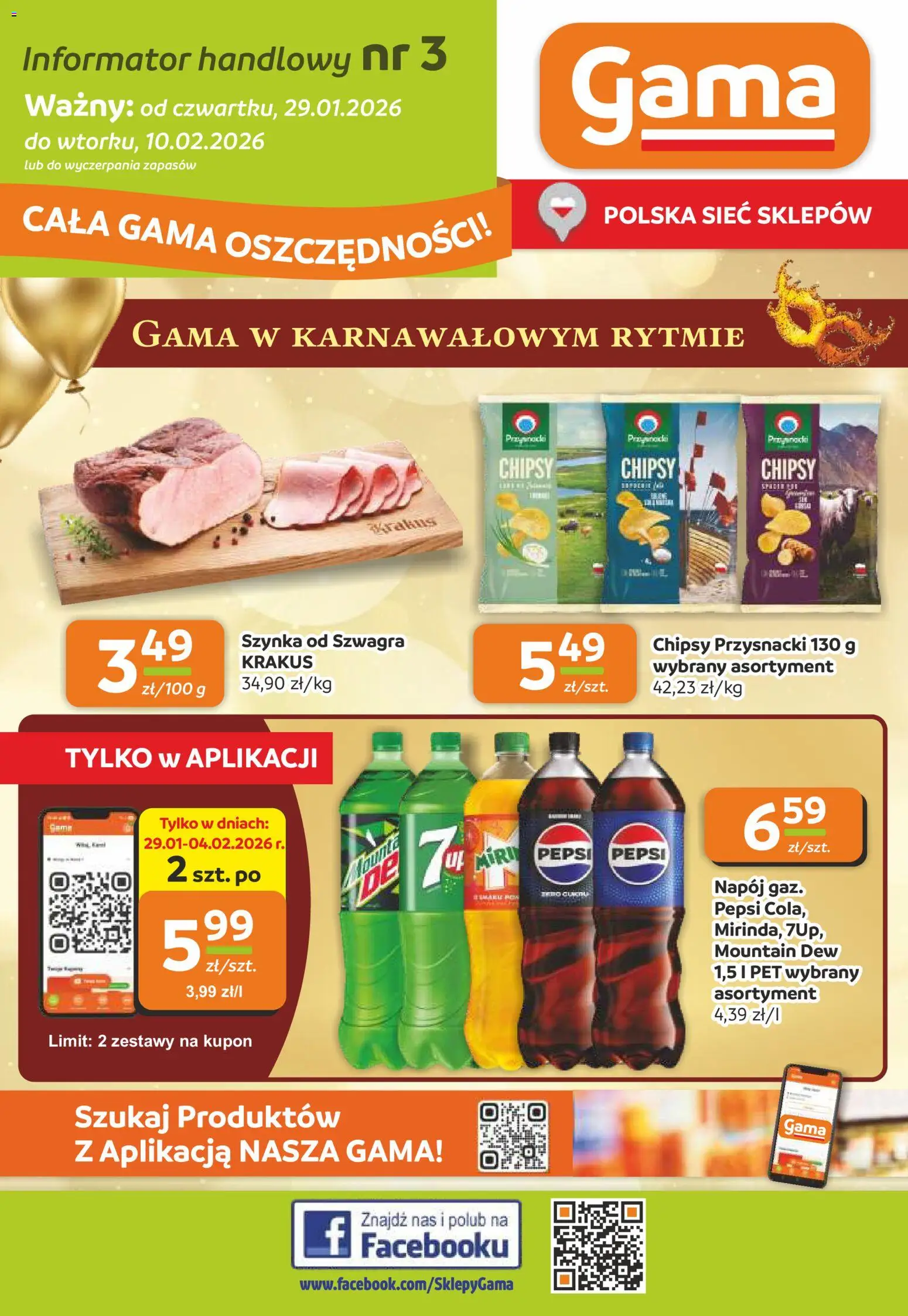 Gama Gazetka od 29.01.2026 | Strona: 1 | Produkty: Chipsy, Pepsi, Szynka