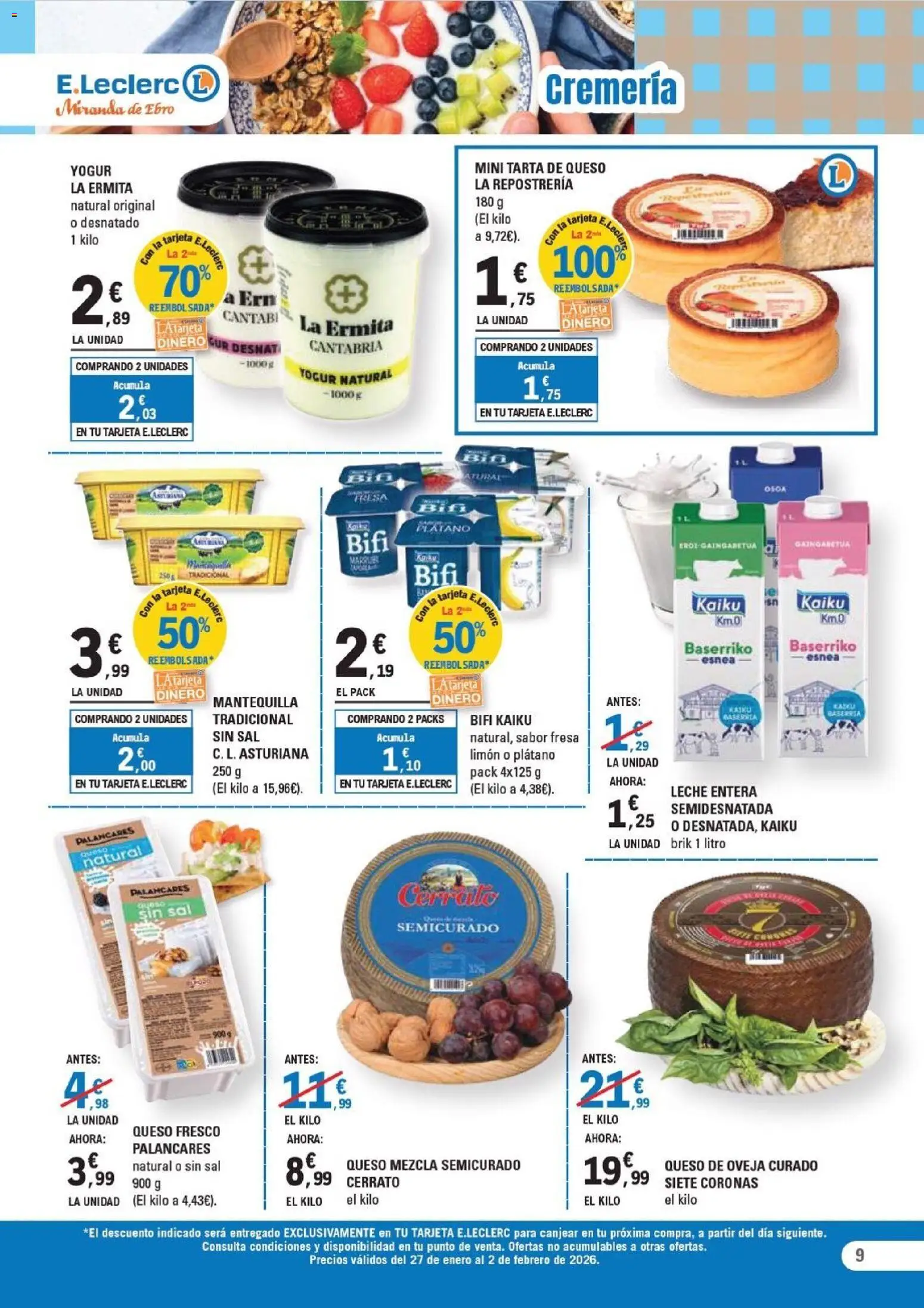 E.Leclerc folleto │ válido desde el 27.01.2026 | Página: 9 | Productos: Leche entera, Queso, Yogur, Συσκευή ροής