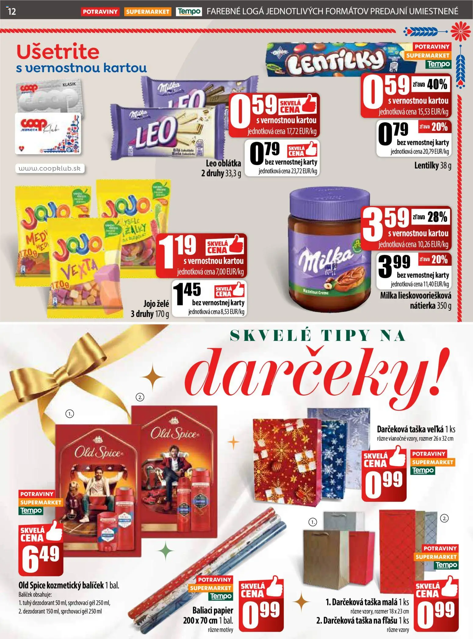 Nové COOP Jednota akcie – leták je platný od 04.12.2025 | Strana: 12 | Produkty: Old Spice, Dezodorant, Milka, Taška