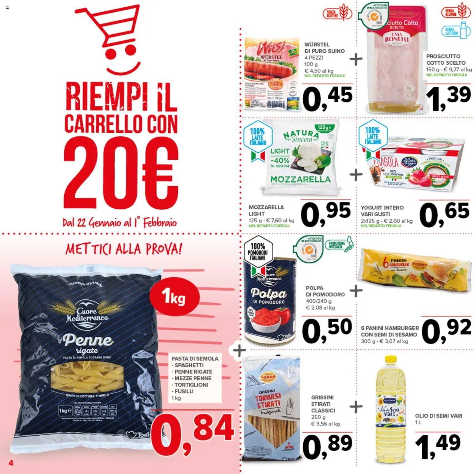 Volantino Todis del 22.01.2026 | Pagina: 4 | Prodotti: Olio, Wurstel, Penne, Hamburger