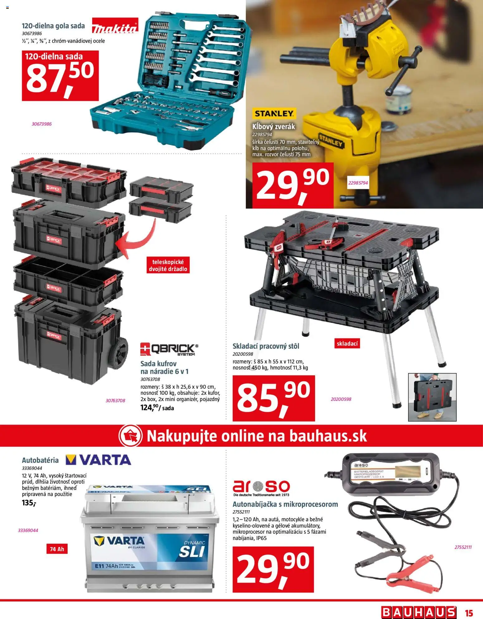 Nové Bauhaus akcie – leták je platný od 12.01.2026 | Strana: 15 | Produkty: Pracovný stôl, Stôl, Autonabíjačka, Náradie