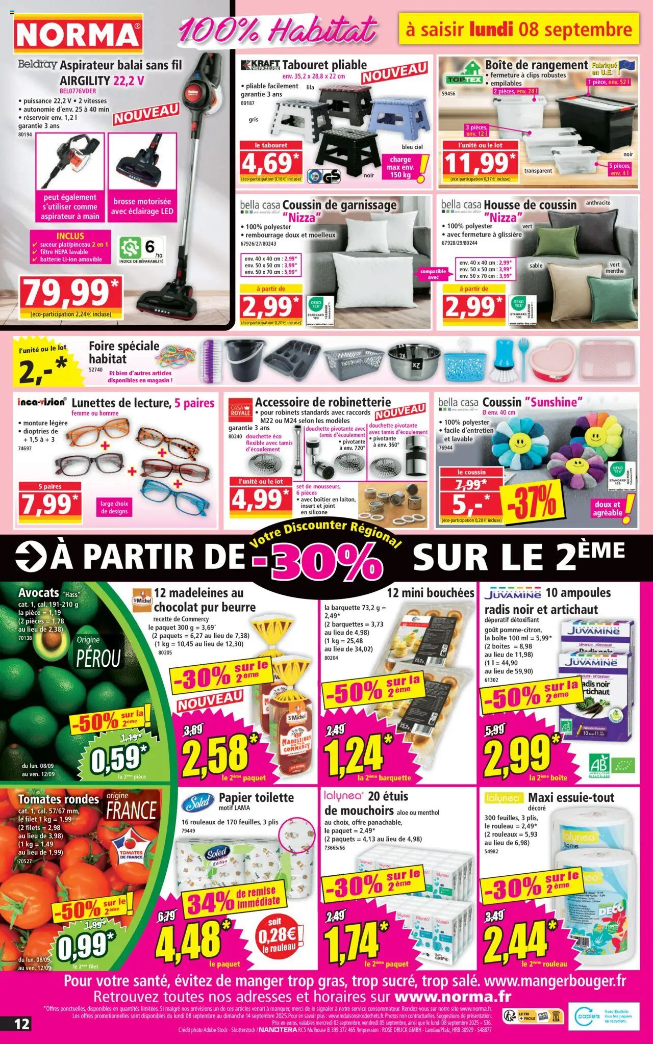  | Page: 12 | Produits: Le tabouret, Papier toilette, Mouchoirs, Chocolat