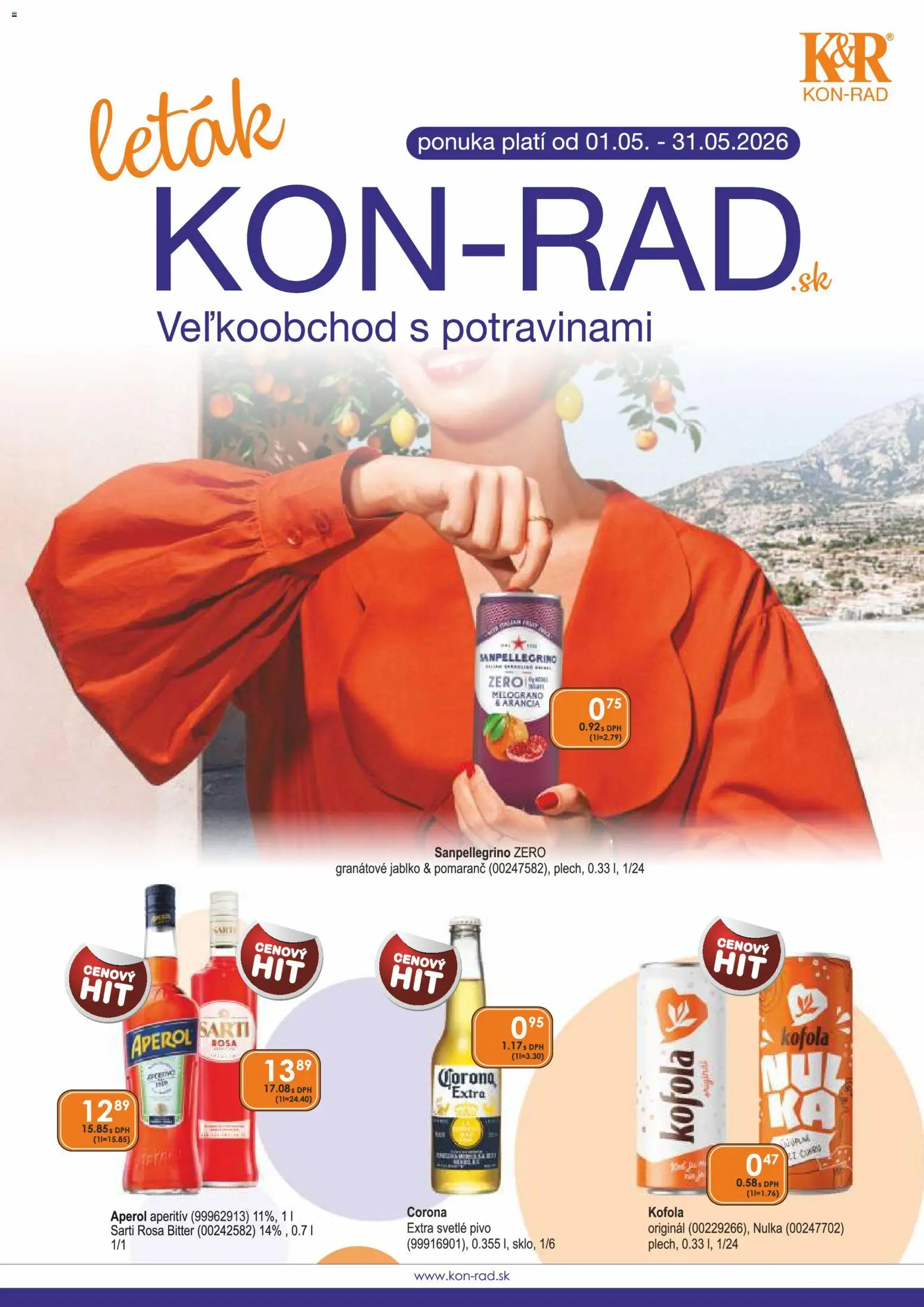 Nové KON - RAD akcie – leták je platný od 01.05.2026 | Strana: 1 | Produkty: Pivo, Kofola, Aperitív, Aperol