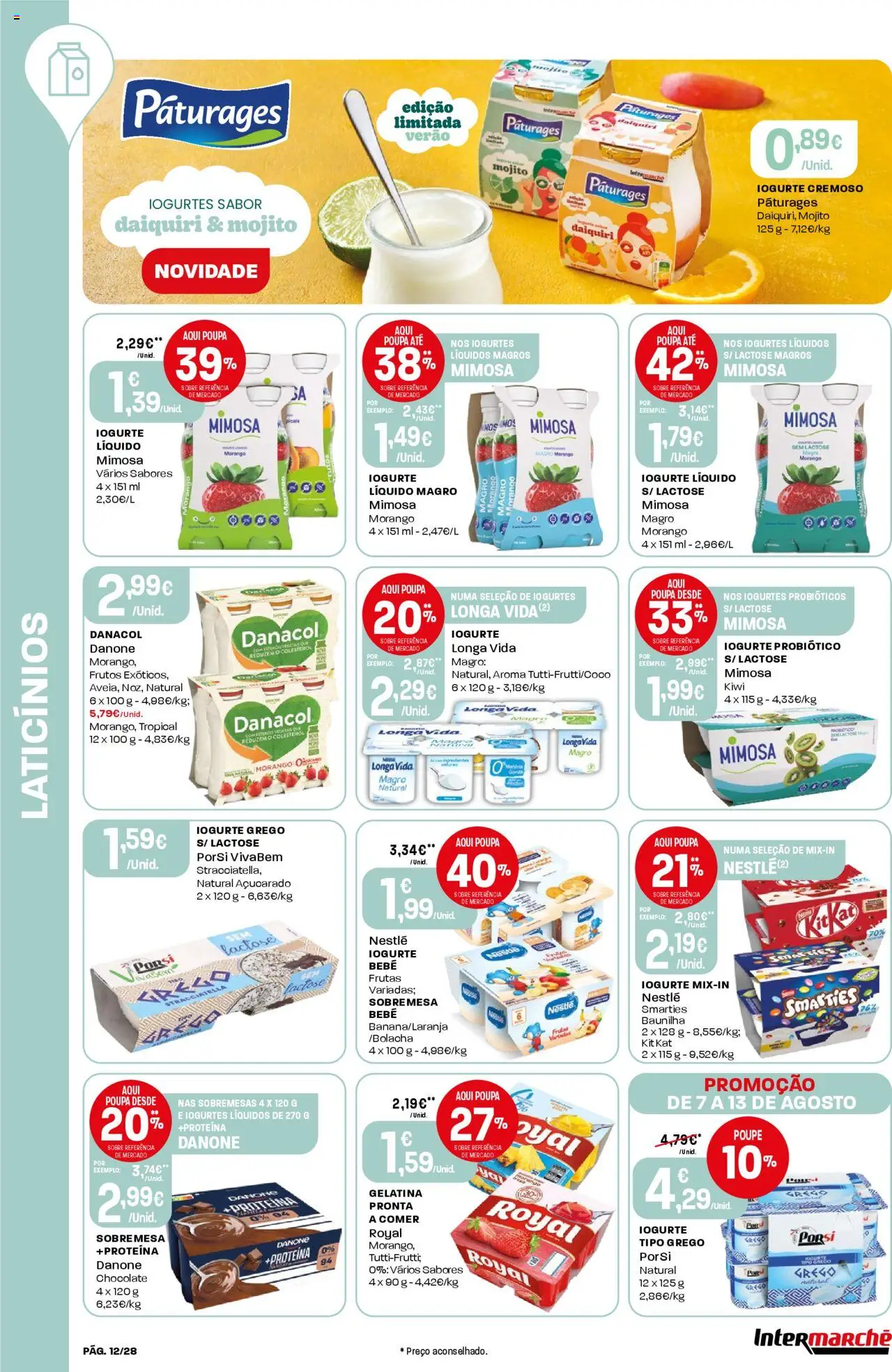 Intermarché folheto │ válido de 07.08.2025 | Página: 12 | Produtos: Iogurtes, Chocolate, Kiwi, Proteina
