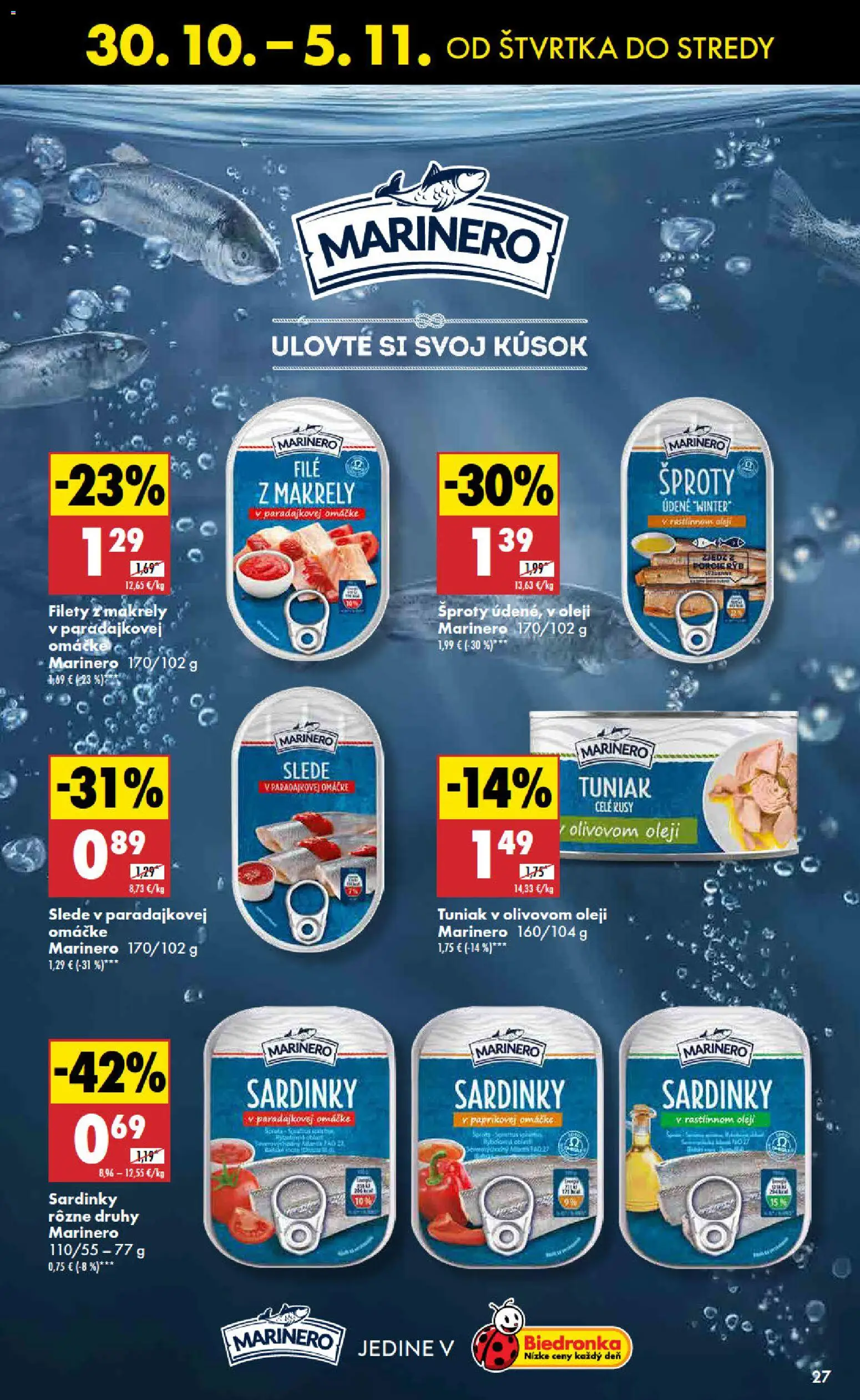 Nové Biedronka akcie – leták je platný od 30.10.2025 | Strana: 27 | Produkty: Olej, Tuniak, Sardinky, Omáčka