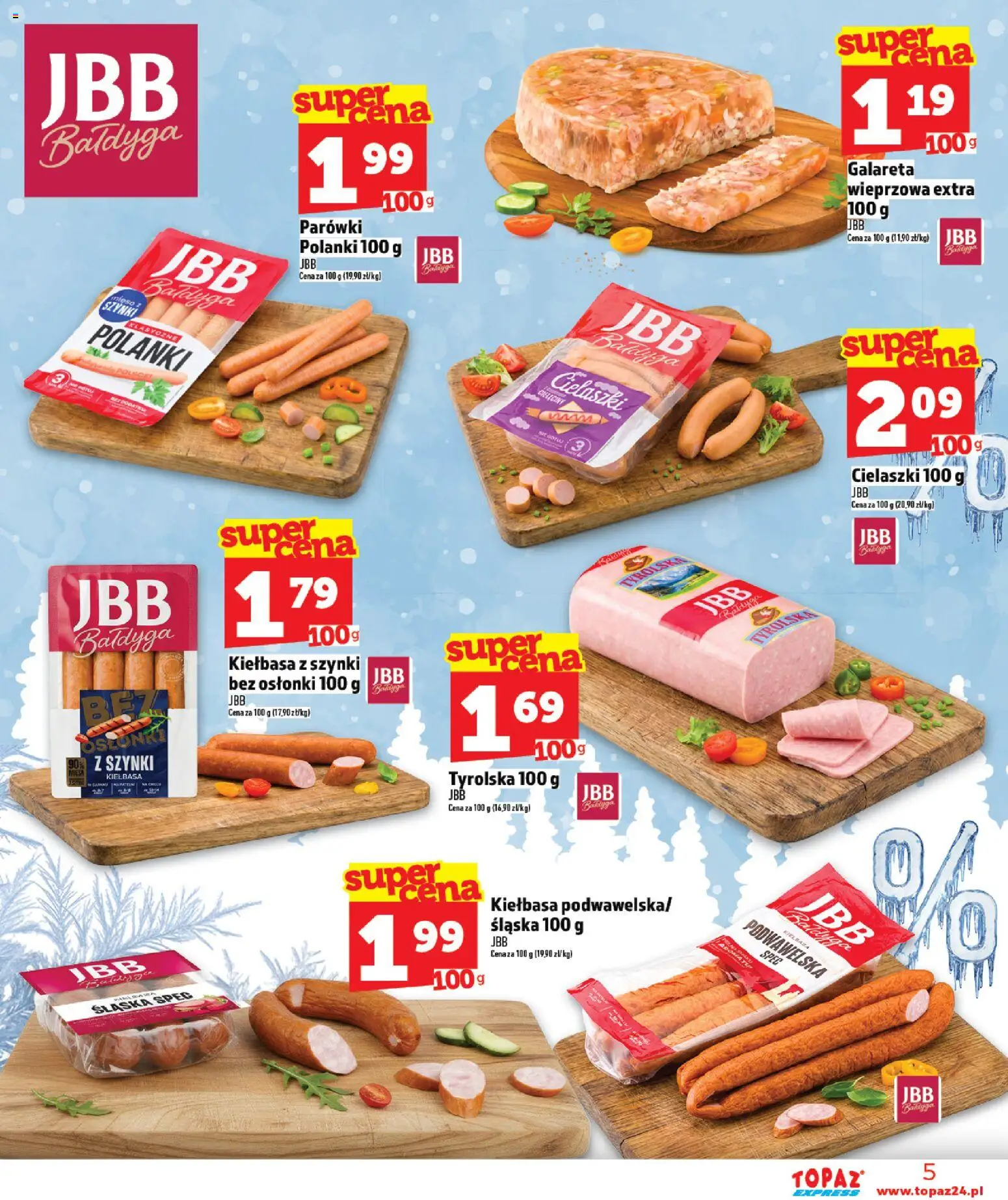 Topaz Gazetka - Express od 22.01.2026 | Strona: 5 | Produkty: Kiełbasa, Mięso, Parówki