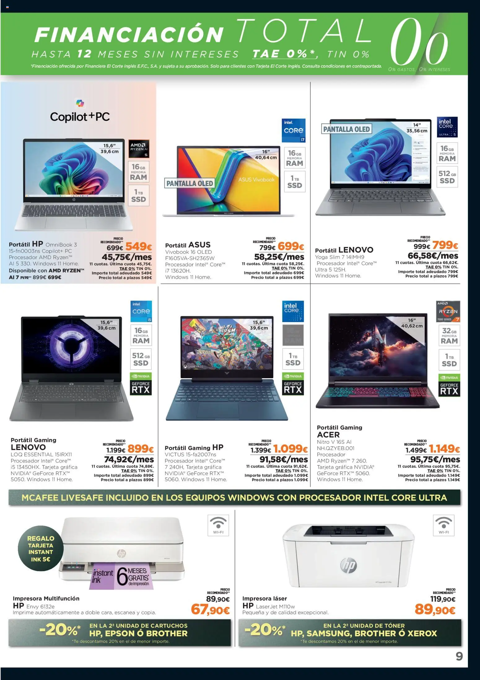 El Corte Inglés Black Friday │ válido desde el 17.11.2025 | Página: 9 | Productos: Portátil Lenovo, Té, PC, Impresora