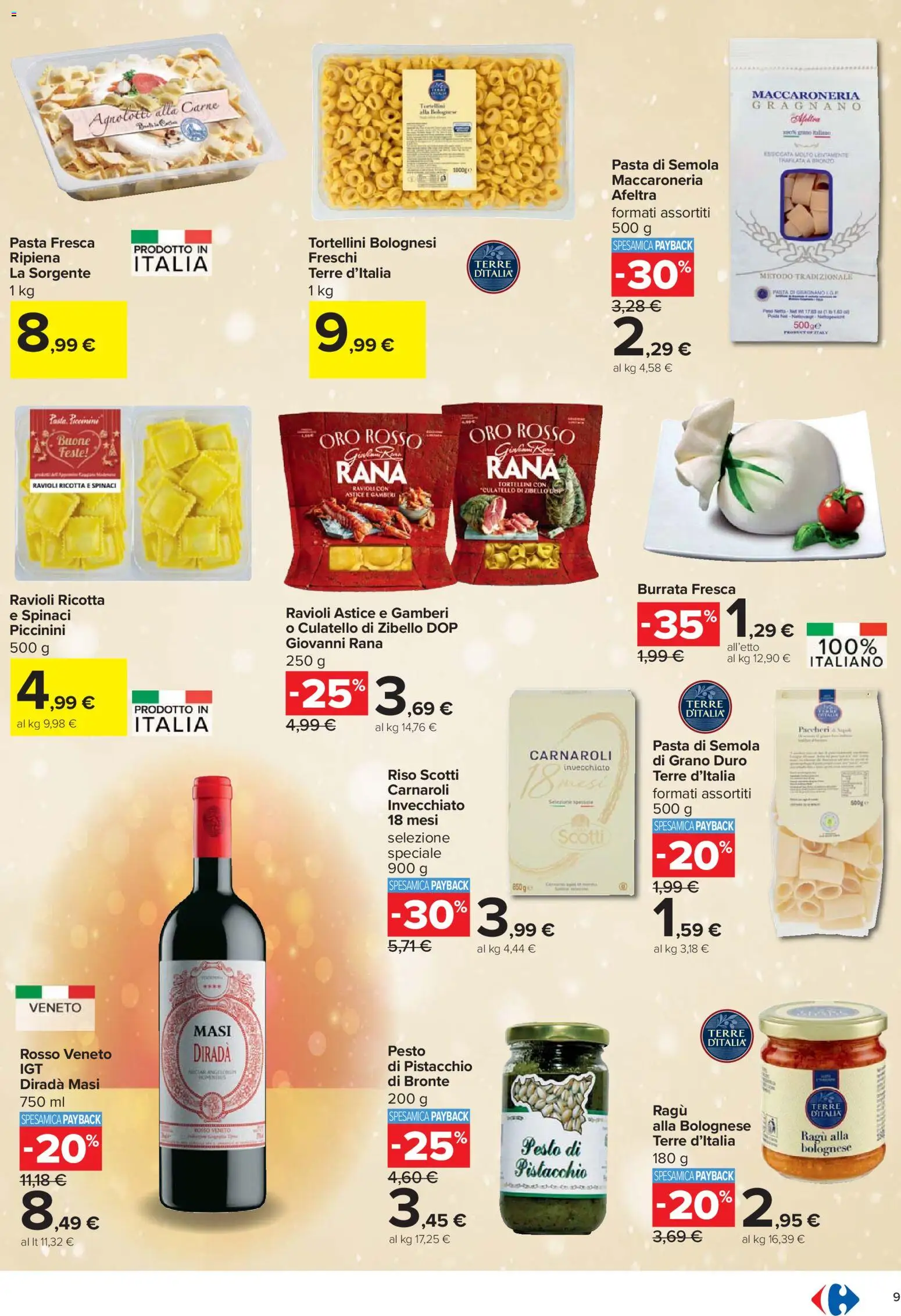 Volantino Carrefour del 27.11.2025 | Pagina: 9 | Prodotti: Gamberi, Pasta, Ravioli, Burrata