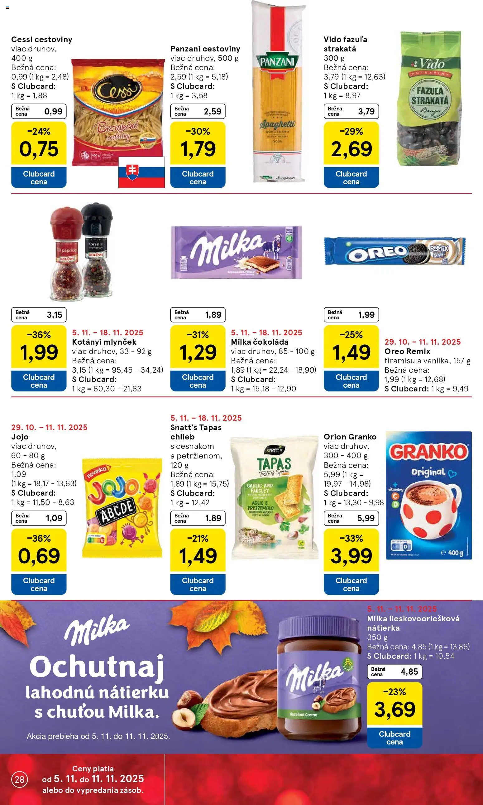 Nové Tesco akcie – leták je platný od 05.11.2025 | Strana: 28 | Produkty: Fazuľa, Korenie, Milka, Granko