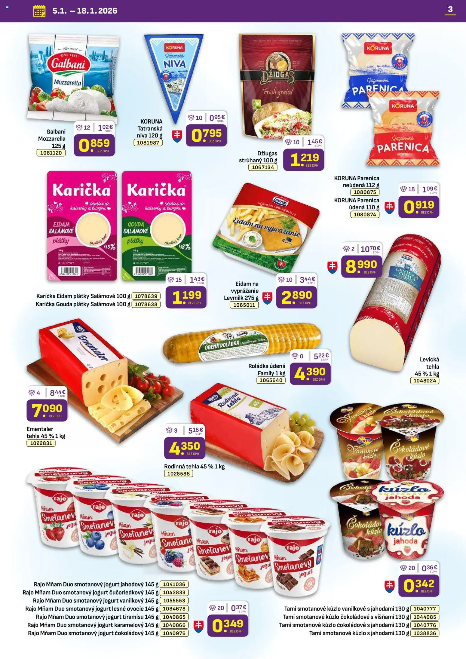 Nové Libex akcie – leták je platný od 05.01.2026 | Strana: 3 | Produkty: Jogurt, Gouda, Eidam, Mozzarella