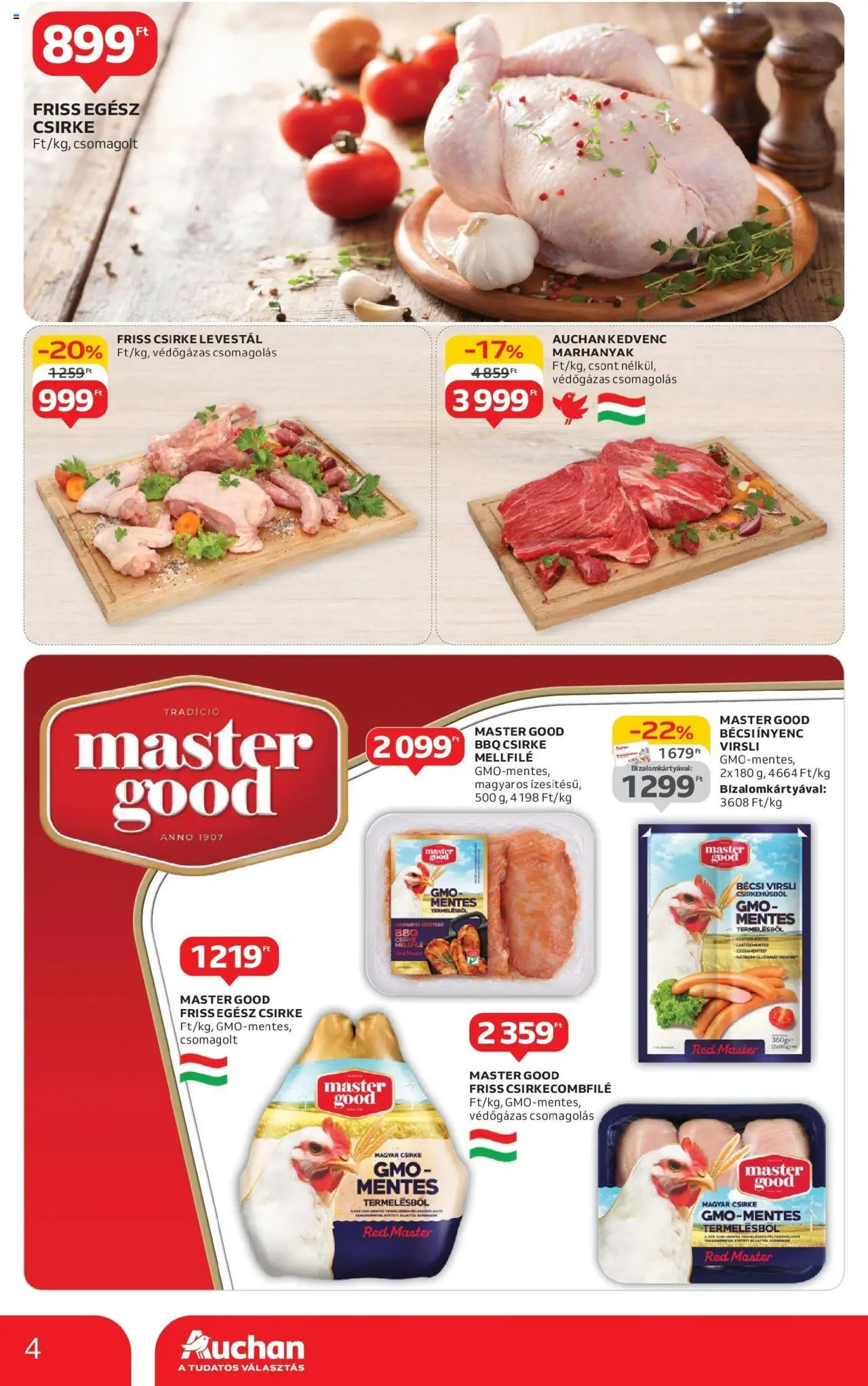 Auchan akciós ujság - amely érvényes a következő dátumtól: 12.06.2025 | Oldal: 4 | Termékek: Virsli, Egész csirke, Csirkecombfile