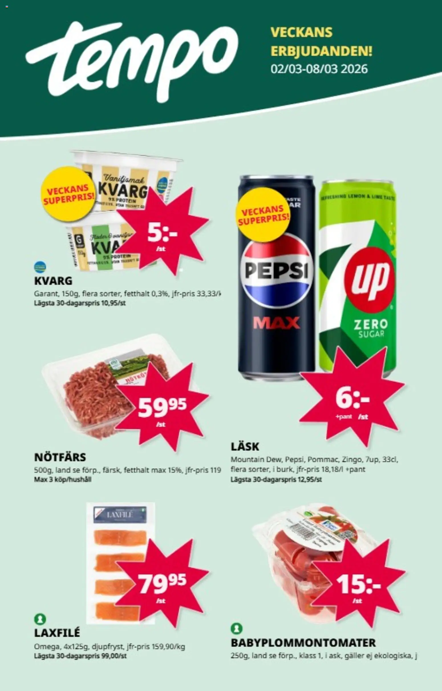 Tempo reklamblad aktuell från 02.03.2026 | Sida: 1 | Produkter: Nötfärs, Pepsi, Lime, Kvarg