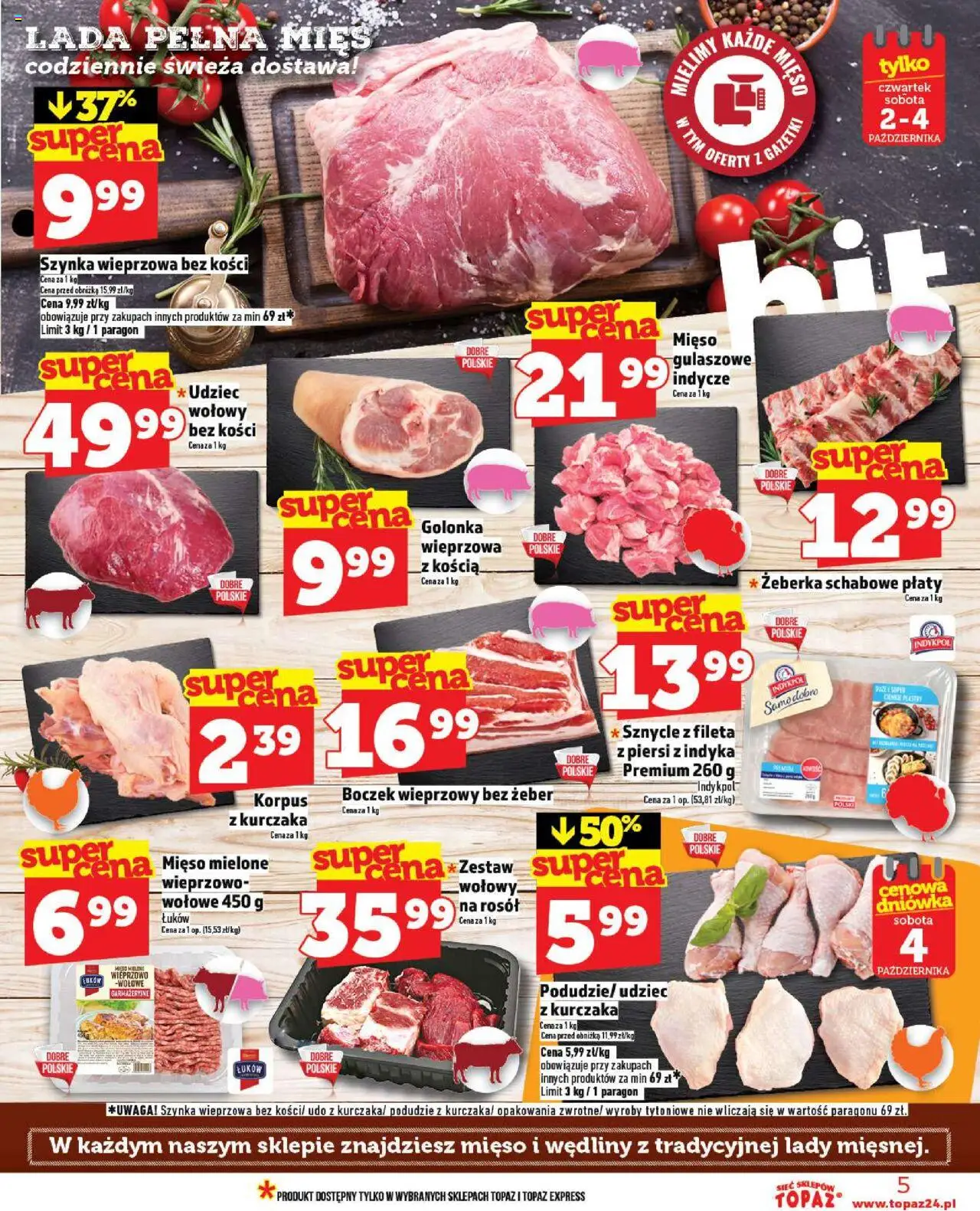 Topaz Gazetka - Ceny małe na stałe od 02.10.2025 | Strona: 5 | Produkty: Piersi, Mięso, Boczek wieprzowy, Szynka wieprzowa