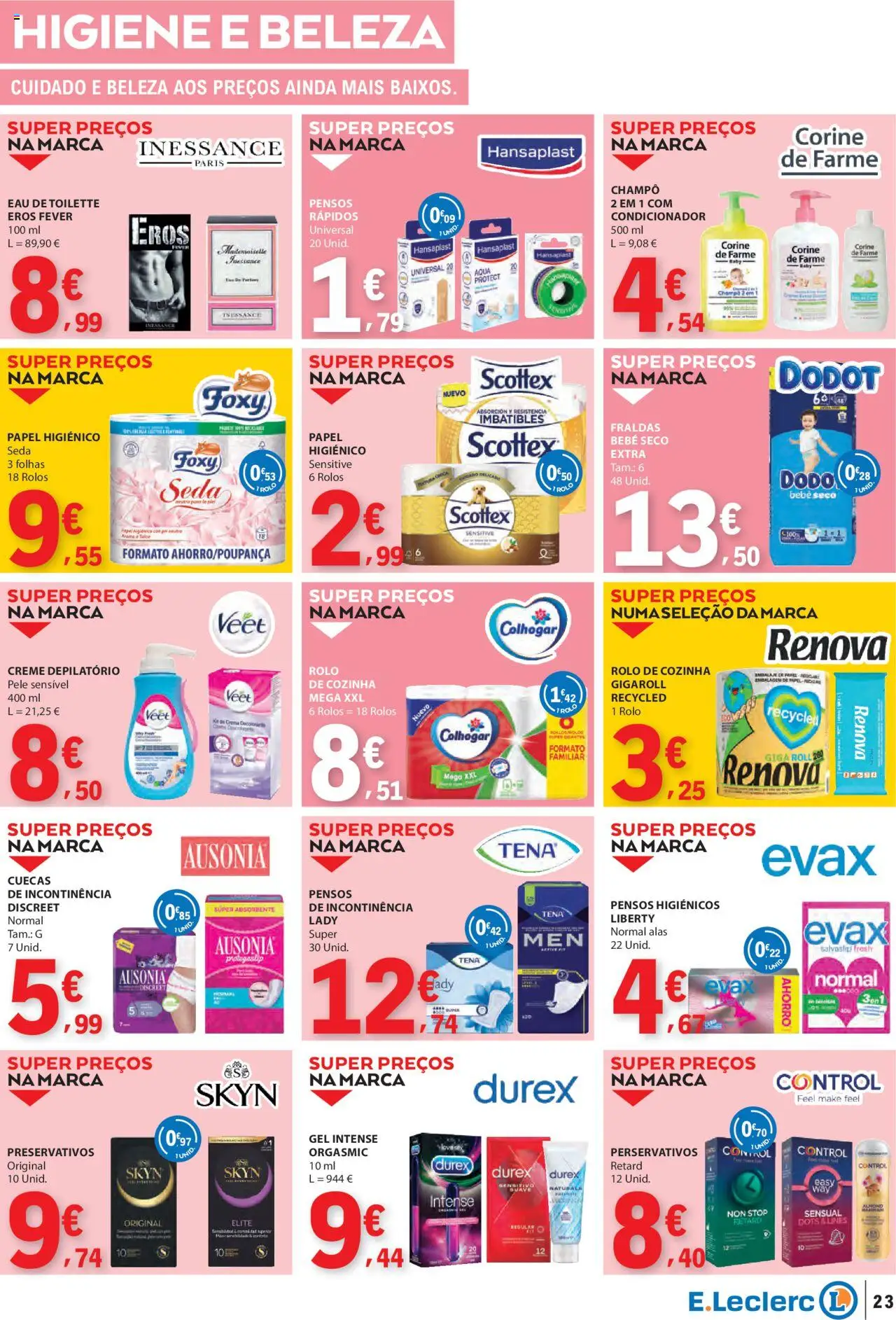 E.Leclerc folheto │ válido de 31.07.2025 | Página: 23 | Produtos: Pensos higiénicos, Eau de toilette, Bolo, Preservativos