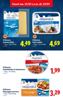 Eridanous Feta in pekel, Feta Cheese PDO in Brine Matured in Wooden Barrels - Voorbeeld van een folder van Lidl, geldig van 21.01.2026 | Pagina: 31 | Producten: Chicken Nuggets, Feta, Kaas