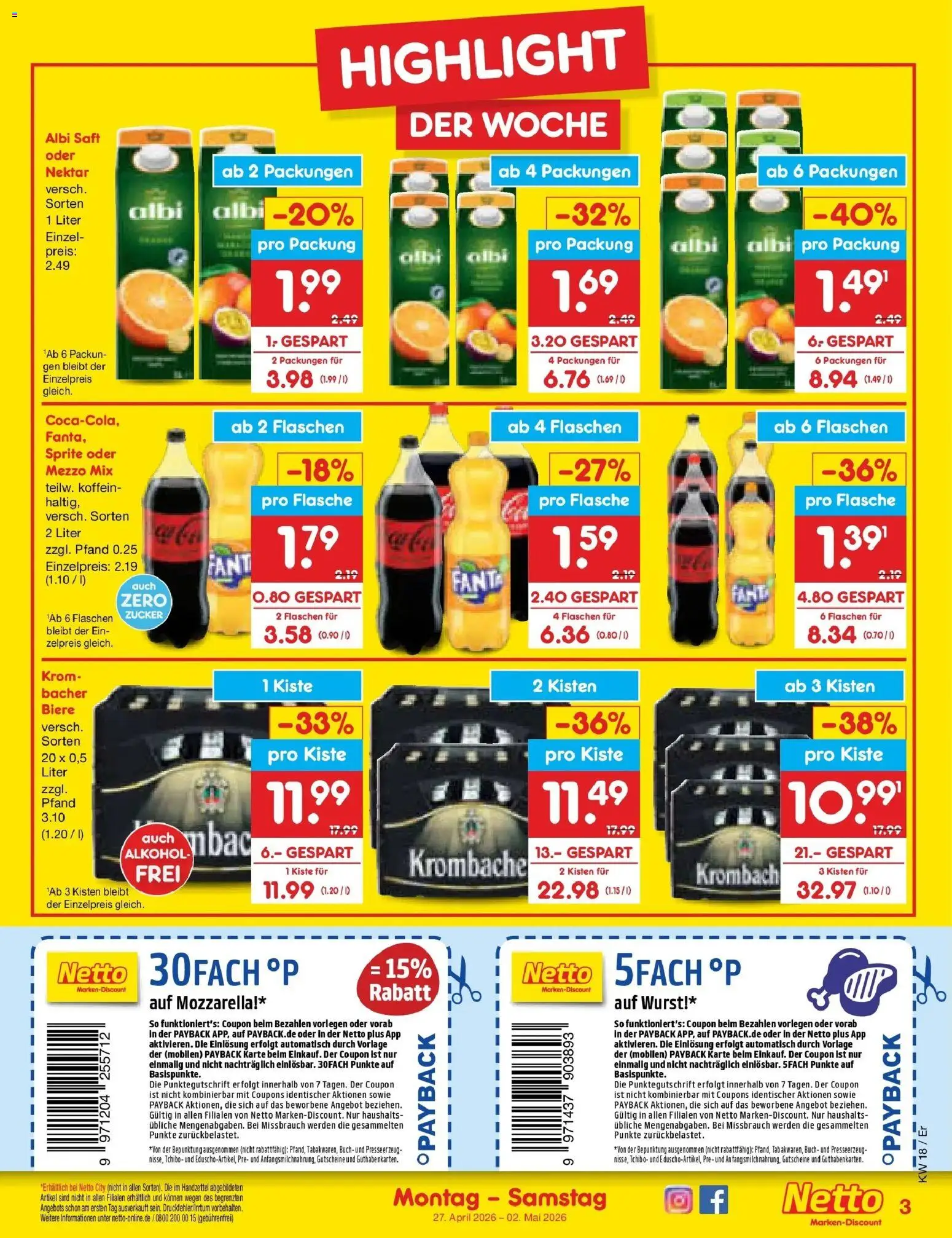 Netto Marken-Discount Prospekt Nordhausen	 – gültig ab 27.04.2026 | Seite: 3 | Produkte: Mezzo mix, Mozzarella, Saft, Oder mezzo mix